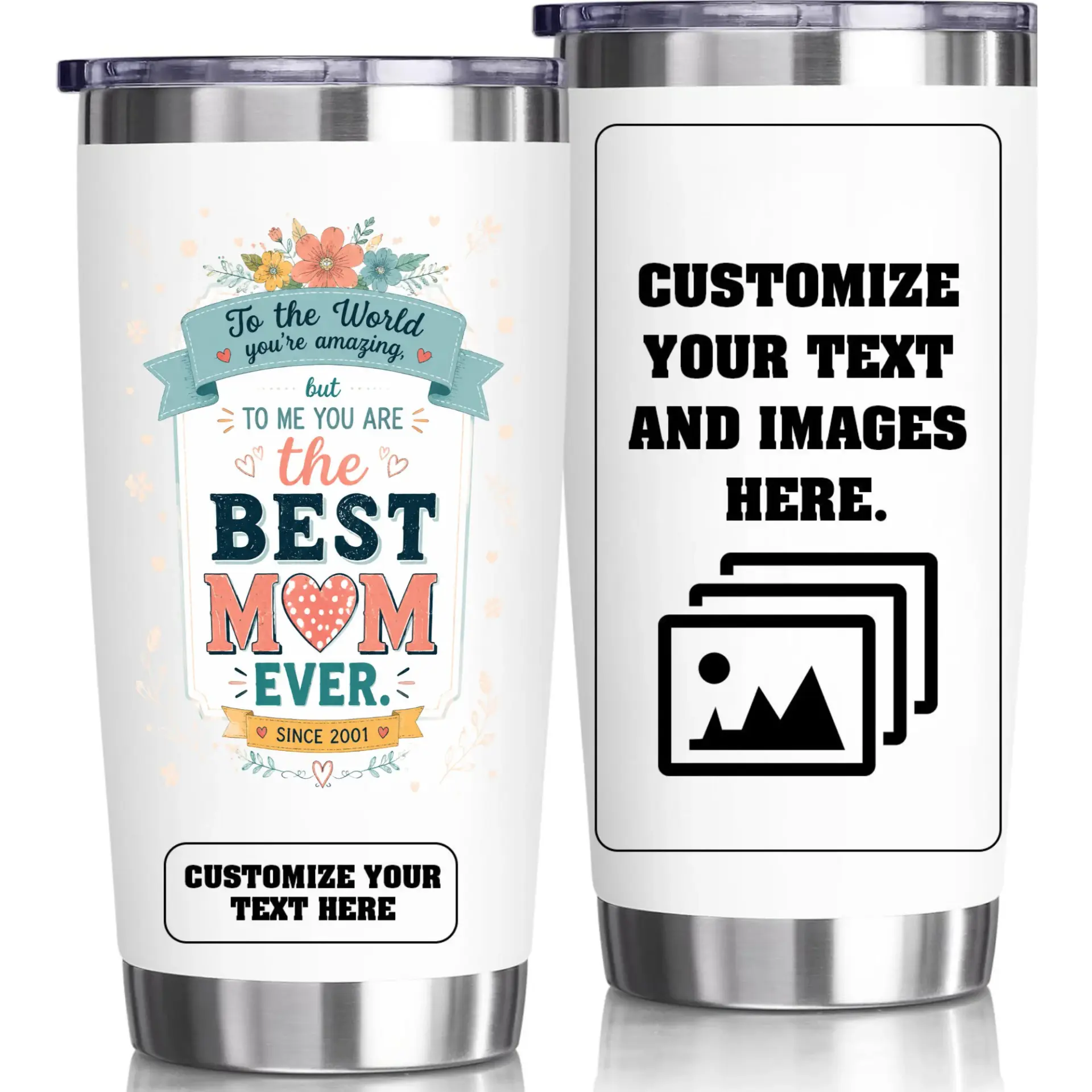 Stainless Steel Tumbler 20oz Personalized Best Mom Floral Design Insulated Cup for Hot and Cold Beverages Travel Mug