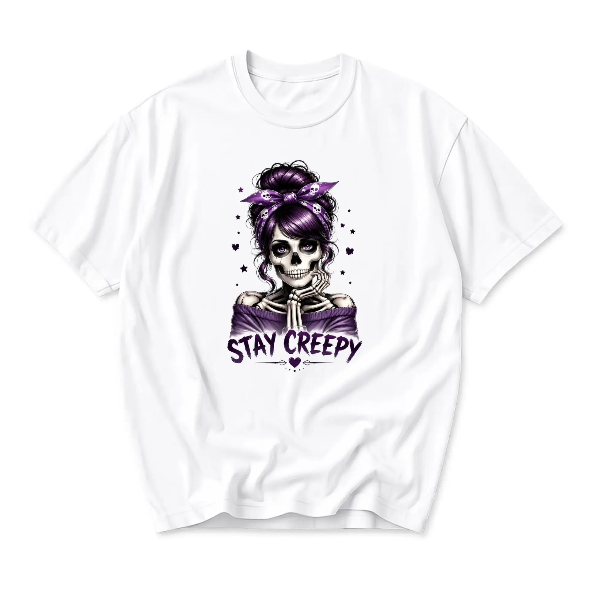 Graphic Tee Stay Creepy Skeleton Woman Shirt Unisex Cotton Crew Neck Casual Short Sleeve Apparel for Everyday Wear
