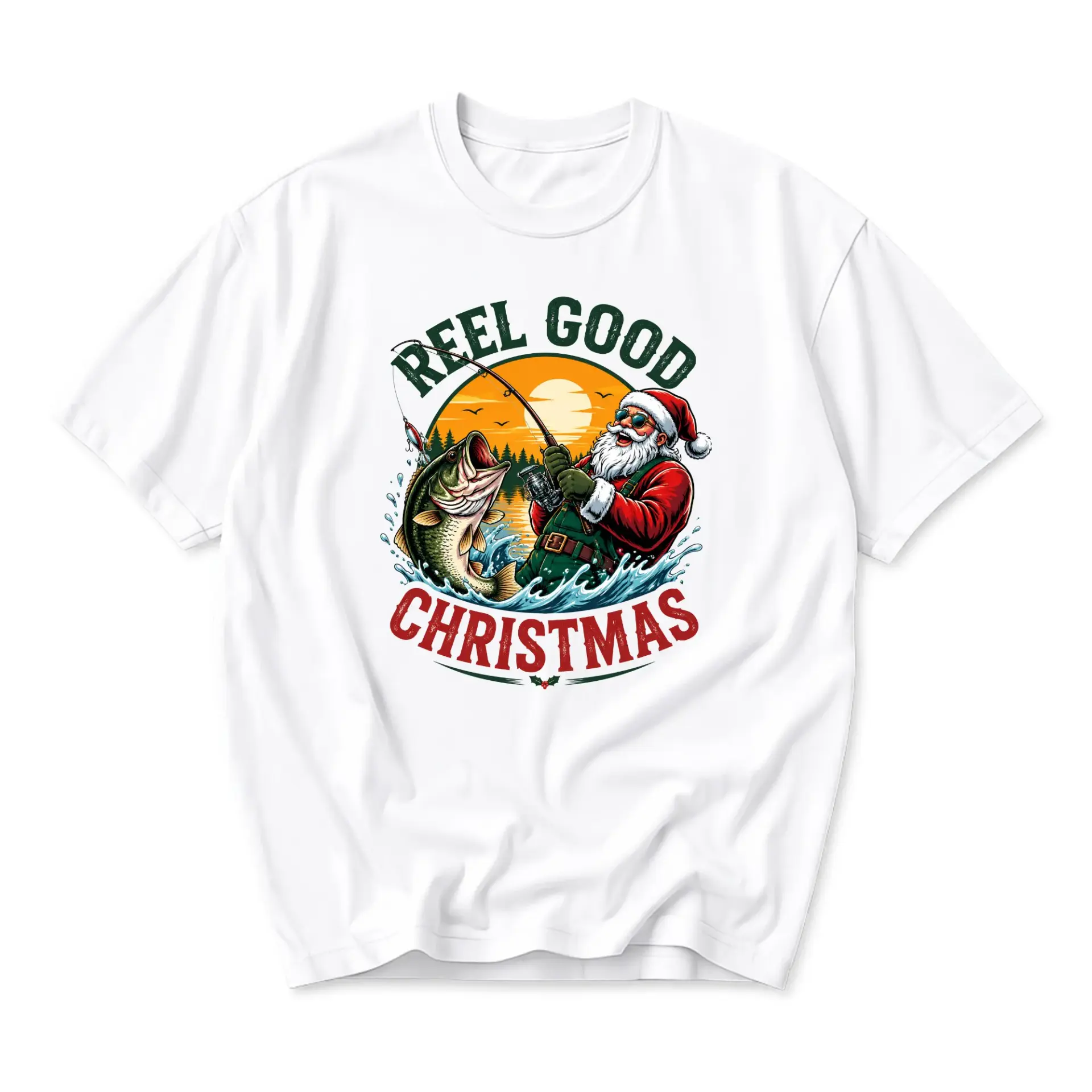 Graphic Tee Reel Good Christmas Fishing Santa Claus Unisex Crew Neck