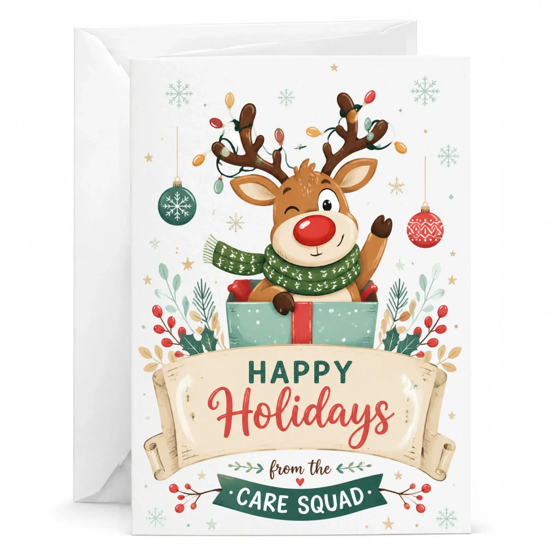 Happy Holidays Greeting Card with Cute Reindeer Design, Festive Seasonal Stationery for Friends and Family, 5x7 Inches