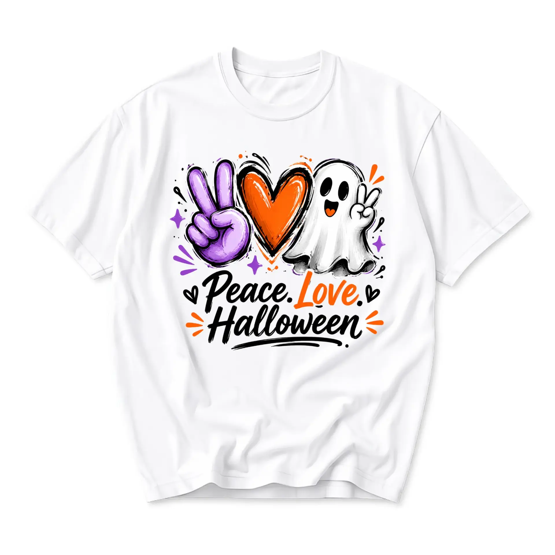 Funny Shirt Peace Love Halloween Graphic Tee Cute Ghost Illustration Unisex Seasonal Apparel for Autumn Casual Wear