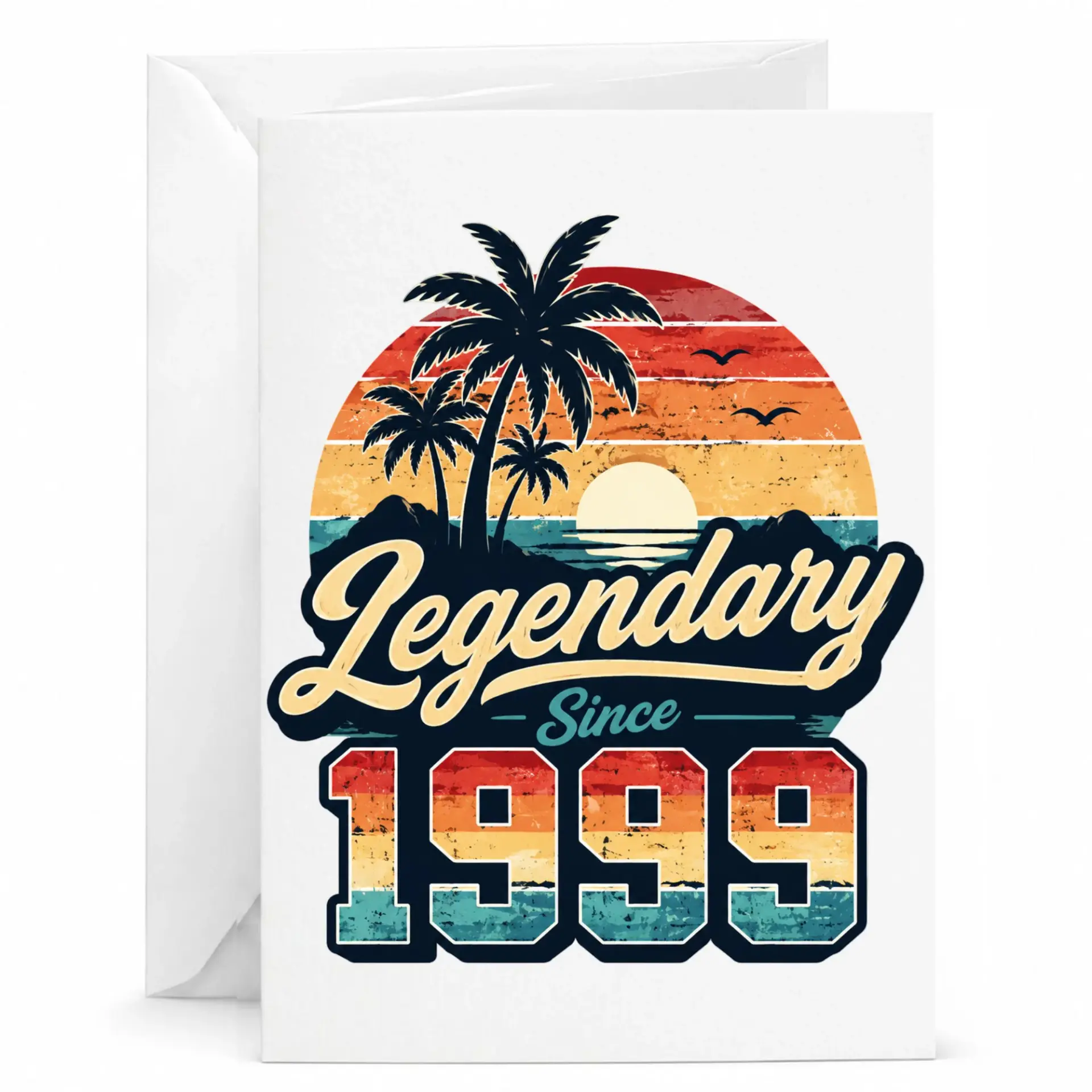 Birthday Card Legendary Since 1999 Vintage Retro Sunset Palm Tree Design Greeting Card for Milestone Celebration