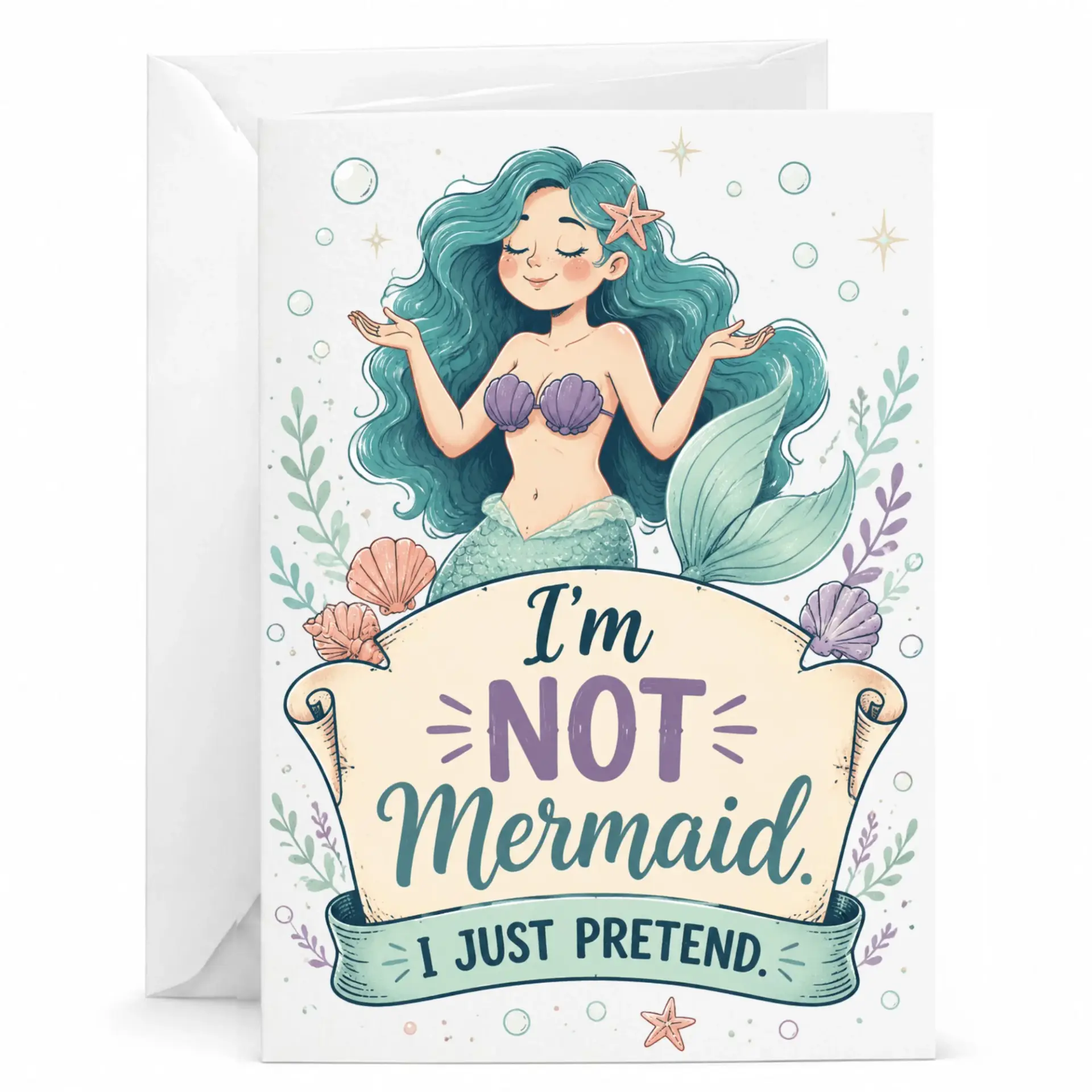 Funny Mermaid Greeting Card for Ocean Lovers Whimsical Fantasy Sea Life Stationary with Matching White Envelope