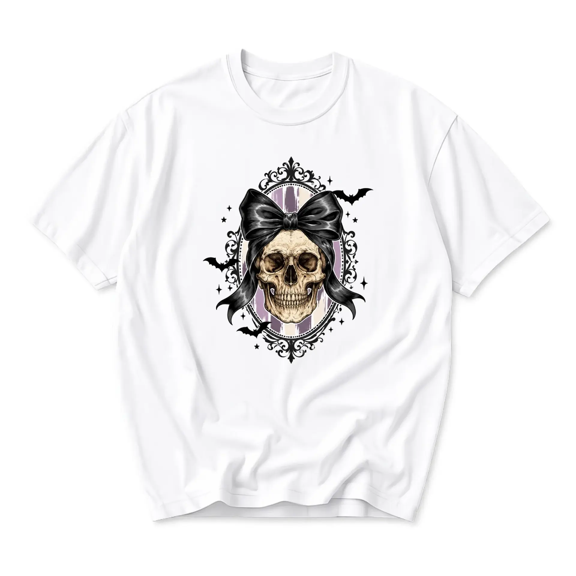 Graphic Tee Unisex Skull with Black Bow Print Shirt Casual Crew Neck Everyday Top for Alternative Style Enthusiasts