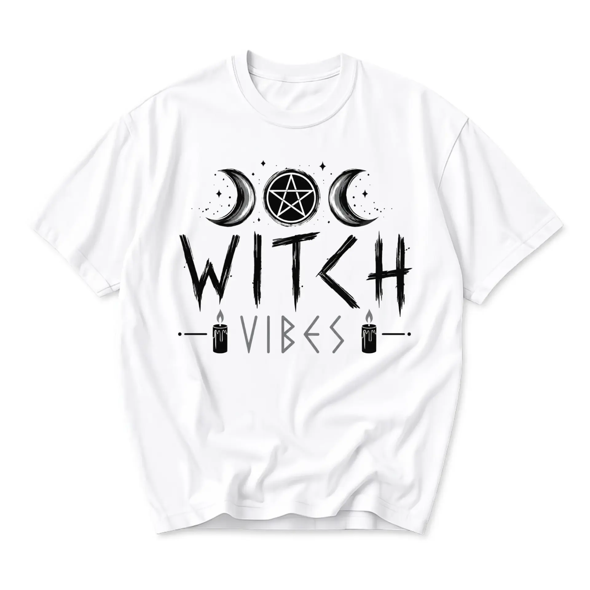 Graphic Tee Witch Vibes Celestial Pentagram Moon Illustration Unisex Crew Neck Short Sleeve Casual Cotton T-Shirt White