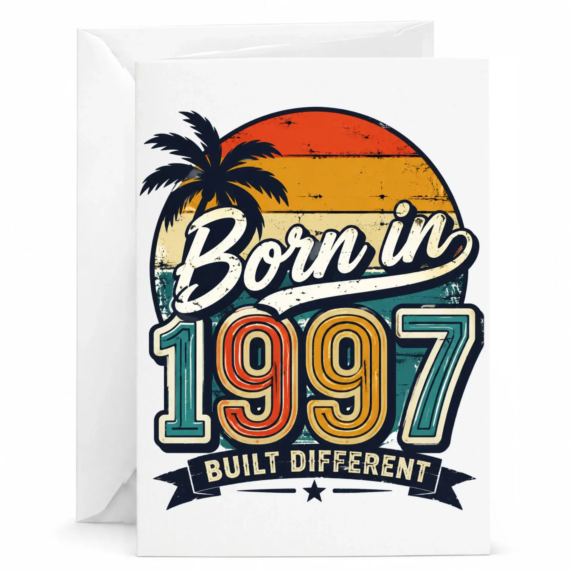 Birthday Card Born in 1997 Built Different Retro Sunset Vintage Style Greeting Card for Milestone Celebrations