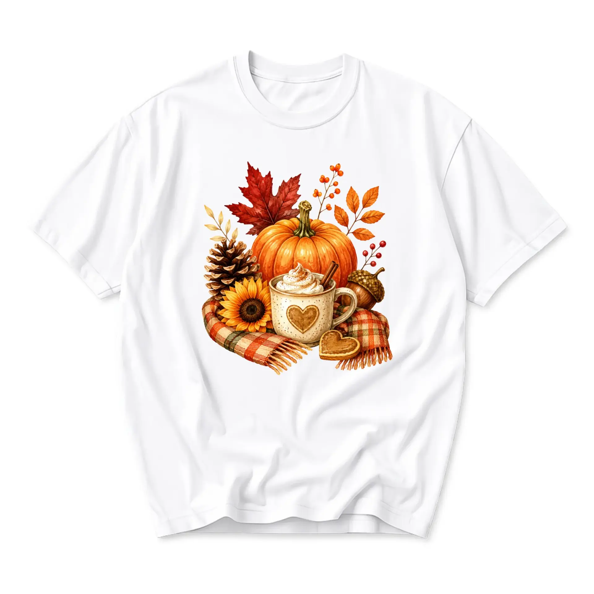 Graphic Tee Autumn Harvest Pumpkin and Coffee Mug Illustration Unisex Cotton Blend Short Sleeve Crew Neck Shirt