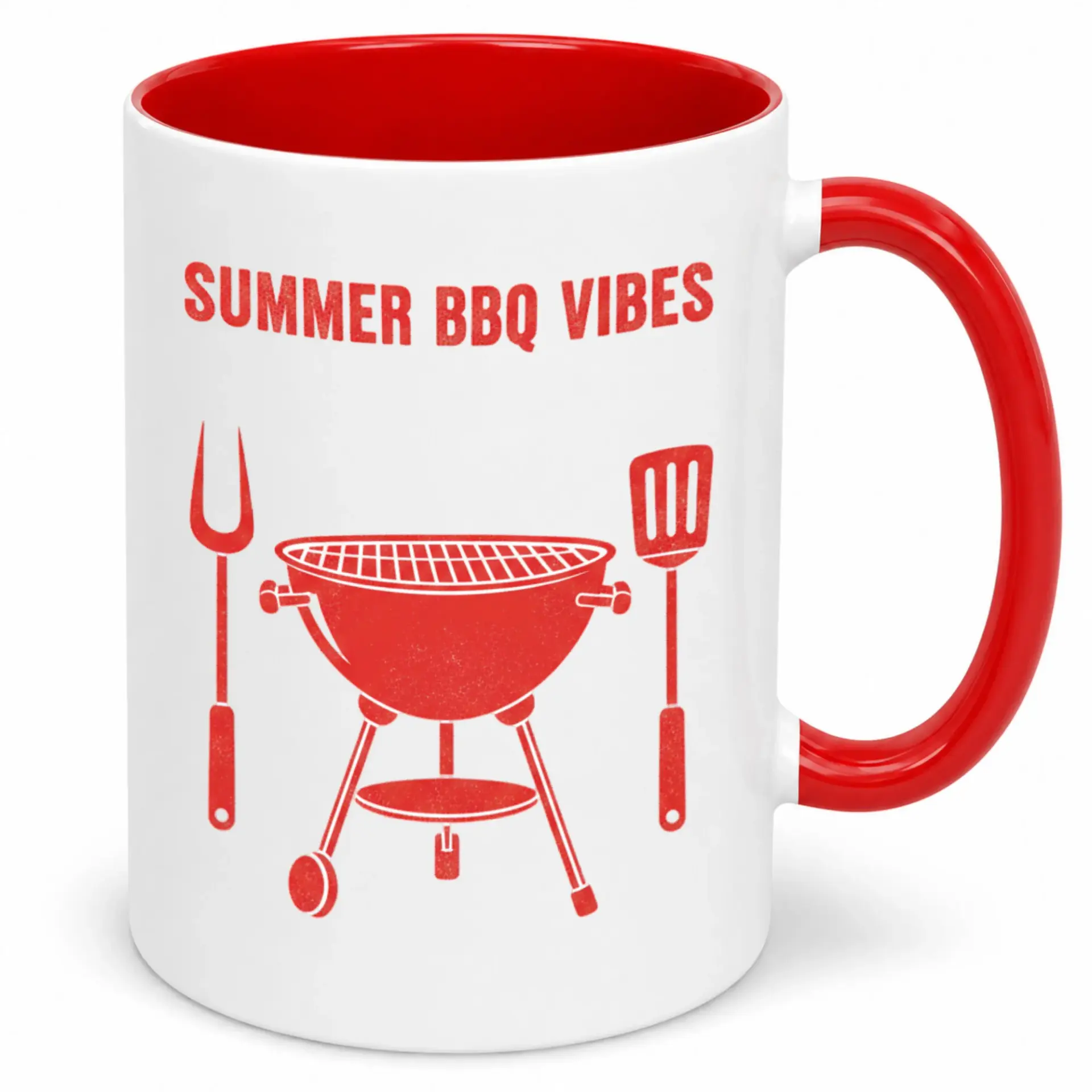 Funny Summer Bbq Vibes Coffee Mug, Ceramic Tea Cup with Red Grill and Utensils Design, 11 Oz or 15 Oz Drinkware Gift