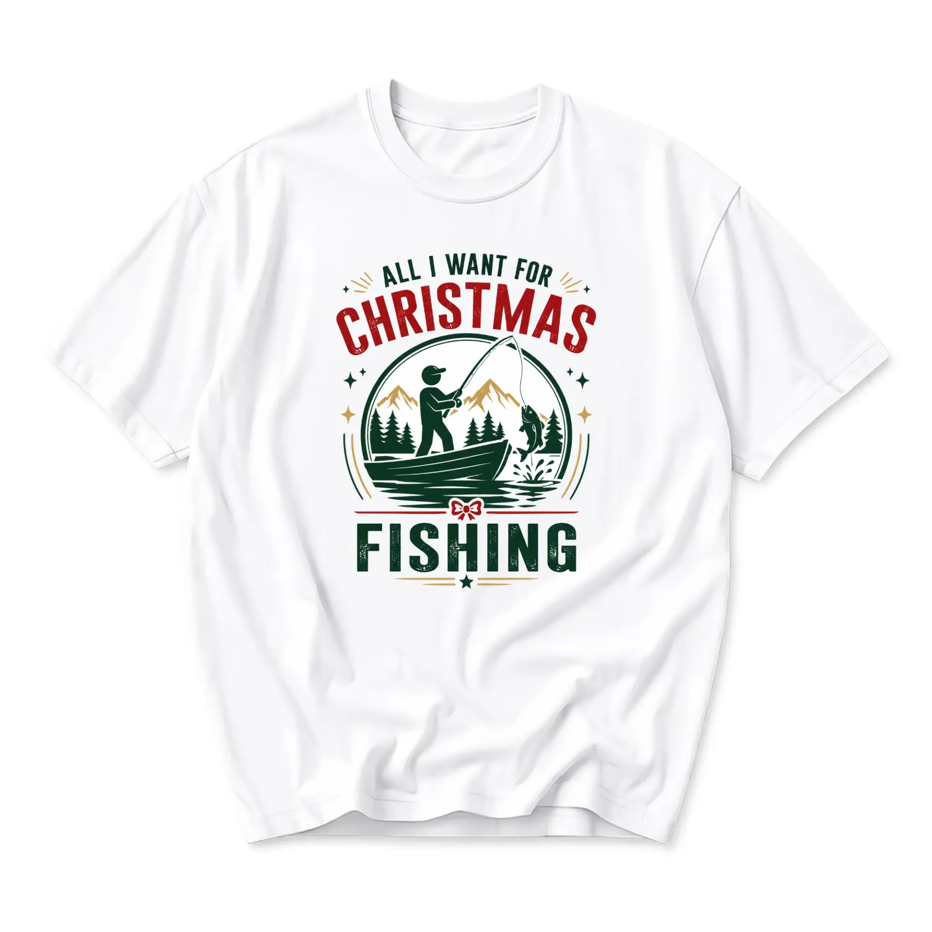 Funny Shirt All I Want for Christmas Is Fishing Graphic Tee Unisex Holiday Season Theme Casual Outfit Top