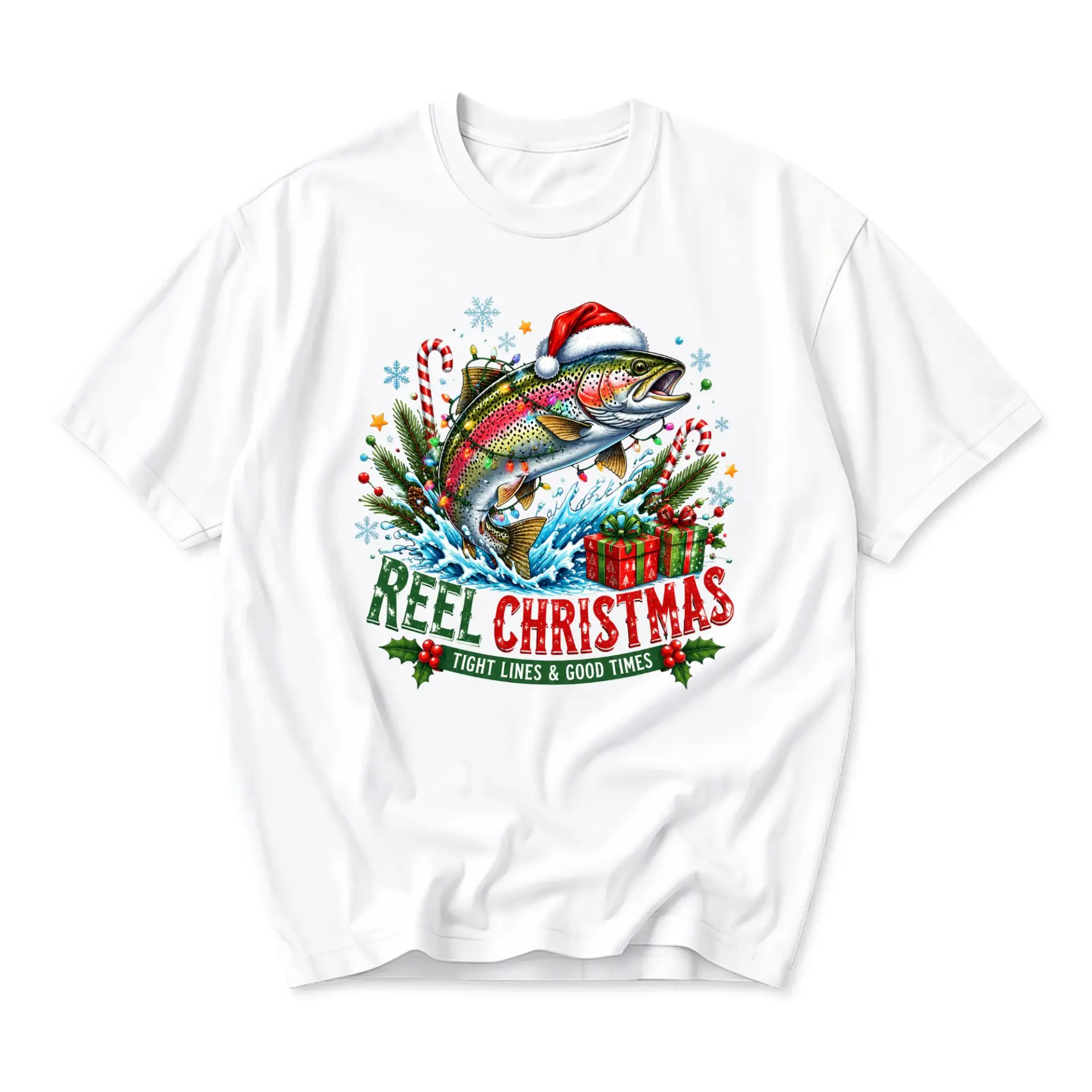 Funny Shirt Reel Christmas Fishing Graphic Tee Holiday Trout Design Unisex