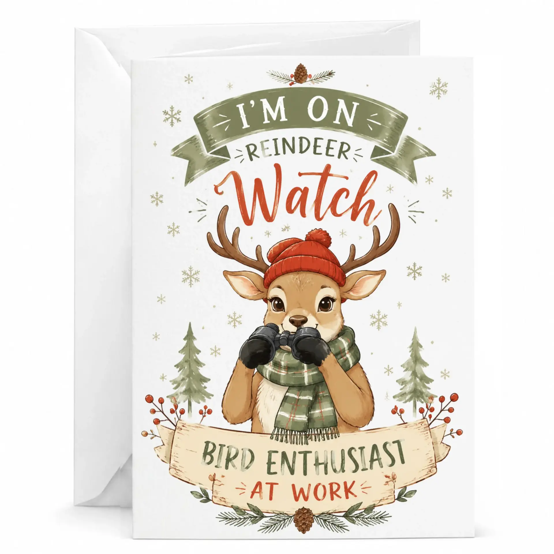 Funny Holiday Greeting Card Reindeer Watch Design with Matching Envelope 5x7 Inch Folded Card for Christmas Celebrations
