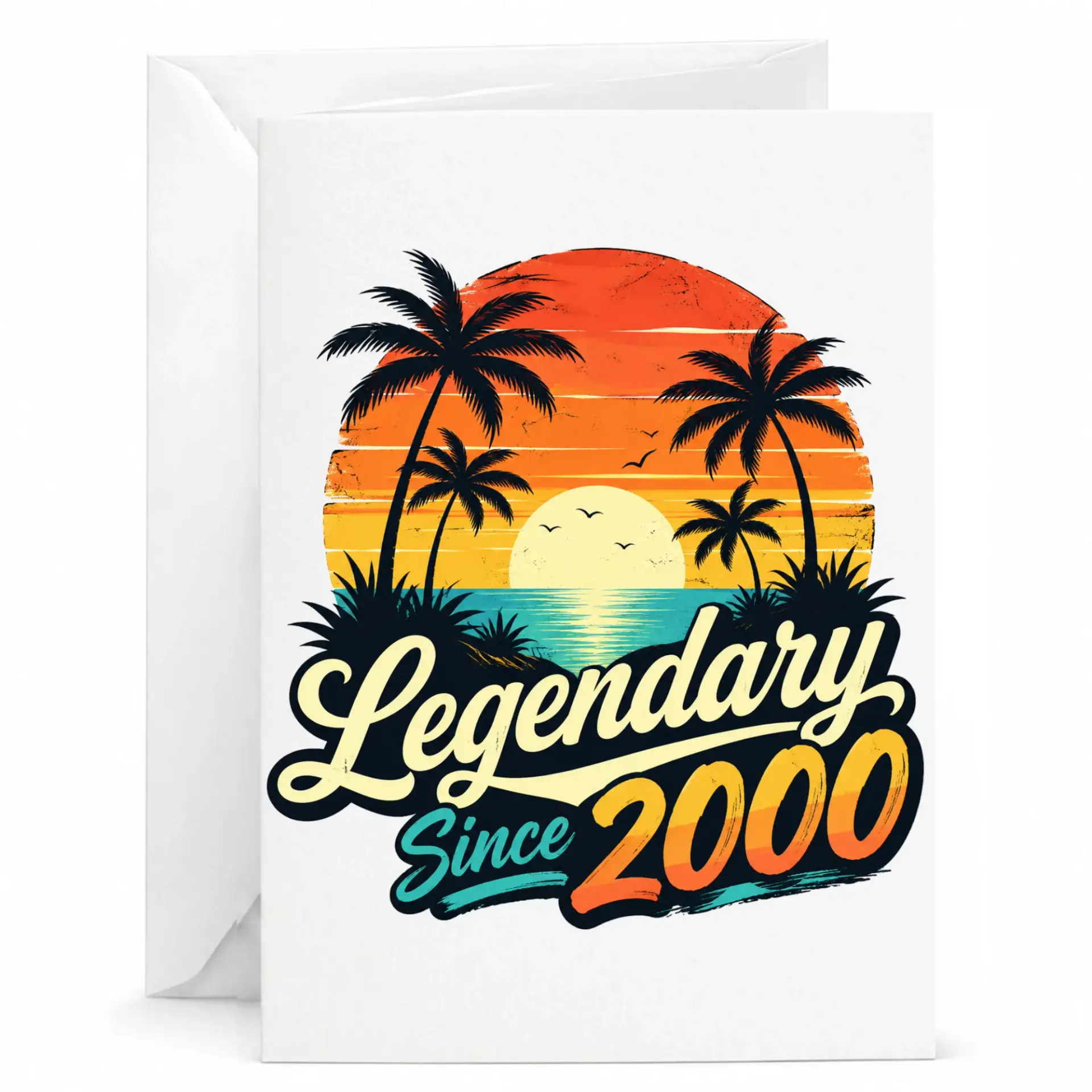 Birthday Card Legendary Since 2000 Retro Sunset Tropical Palm Tree Greeting Card for Milestone Celebration
