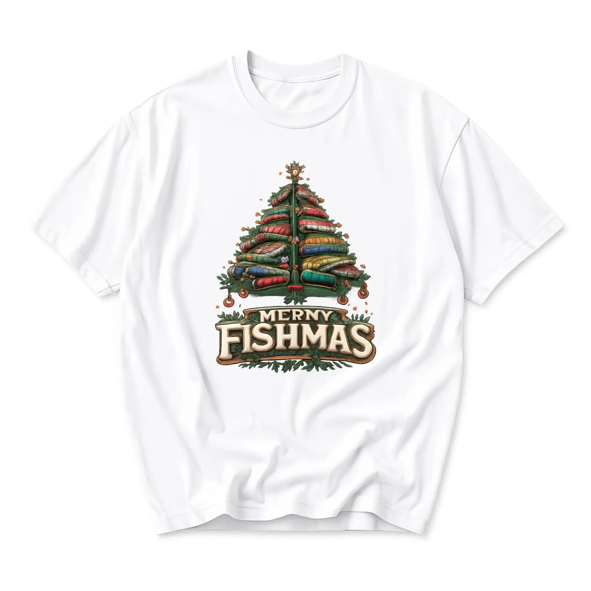 Funny Shirt Merry Fishmas Christmas Tree Graphic Tee Unisex Crew Neck