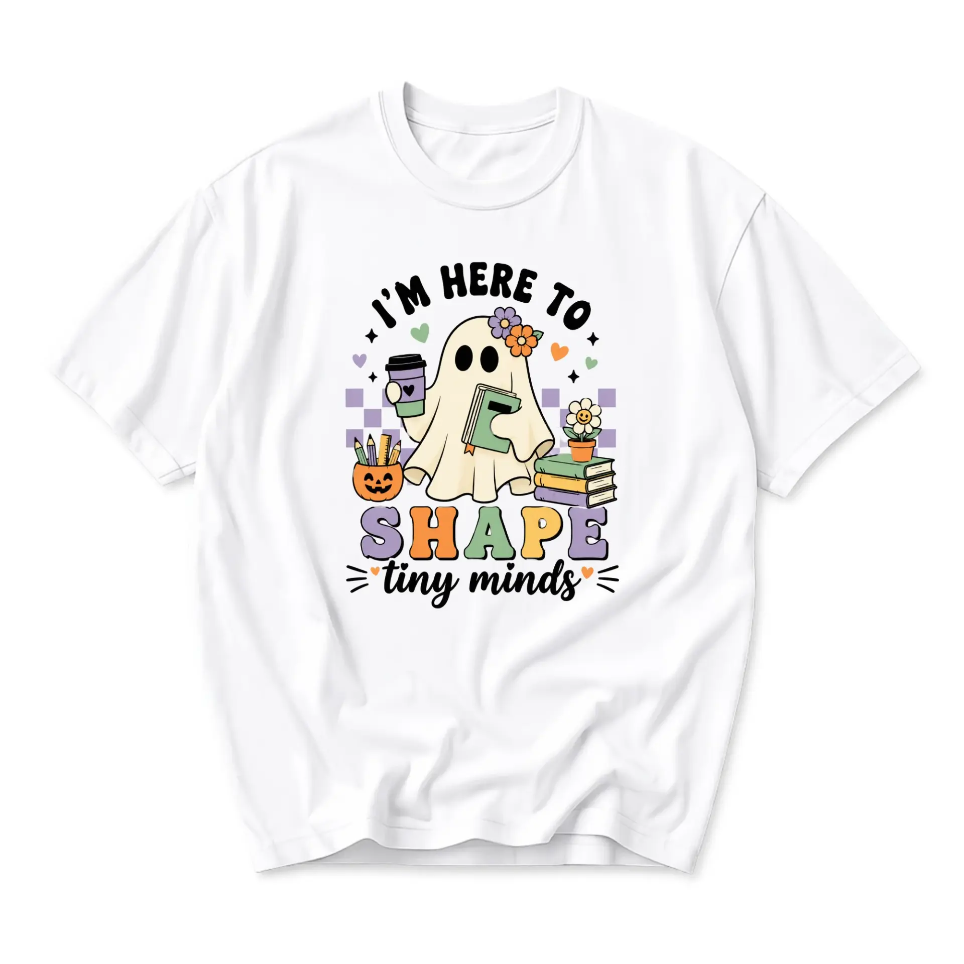 Funny Shirt I Am Here to Shape Tiny Minds Graphic Tee Retro Ghost Wearing Flowers Holding Coffee Book Unisex Crew
