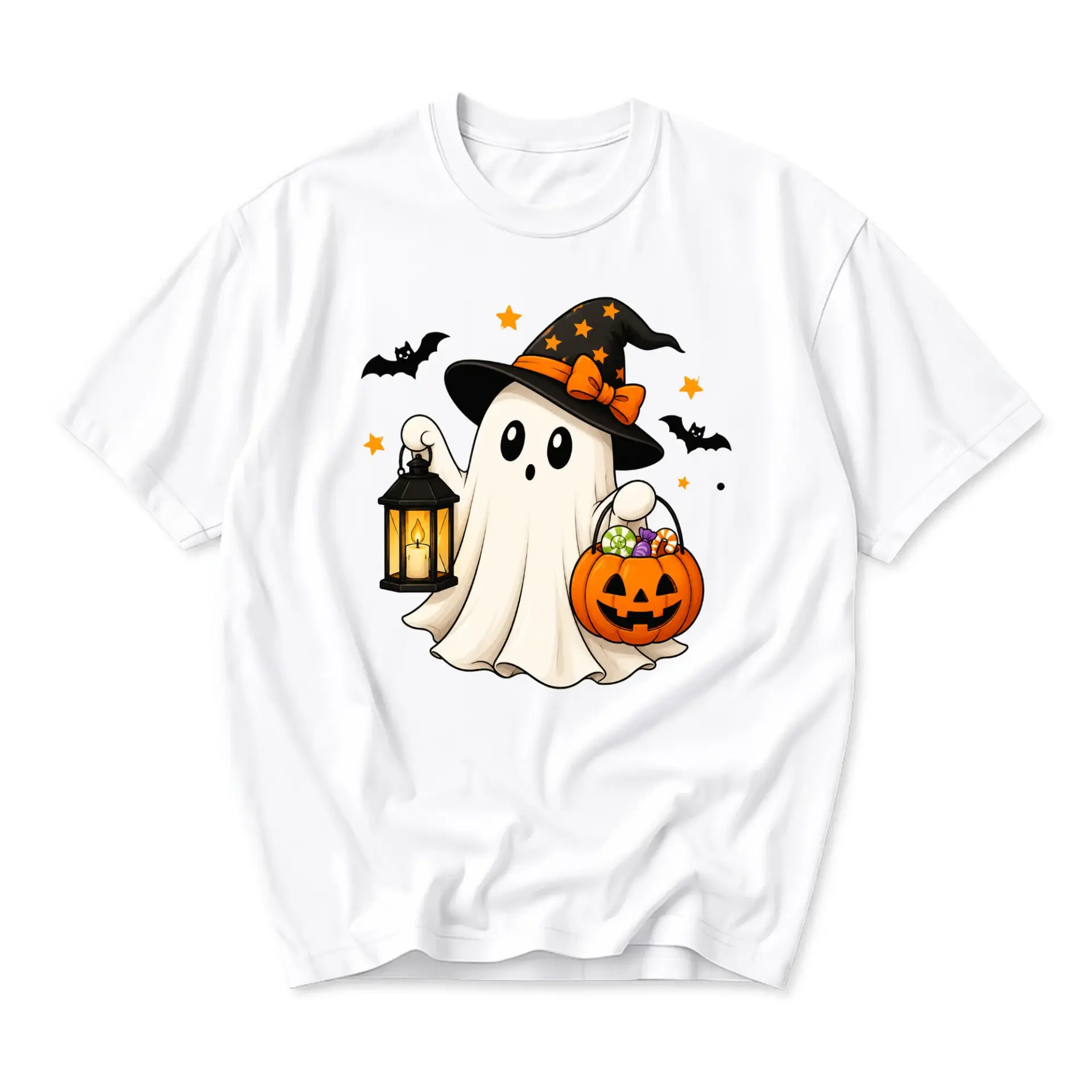 Graphic Tee Cute Ghost Wearing Witch Hat Holding Lantern and Pumpkin Bucket Seasonal Fall Holiday Unisex T-Shirt