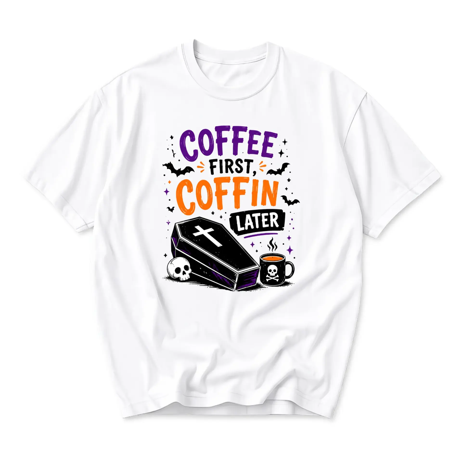 Funny Shirt Coffee First Coffin Later Graphic Tee Unisex Casual Apparel for Caffeine Lovers and Gothic Style Enthusiasts