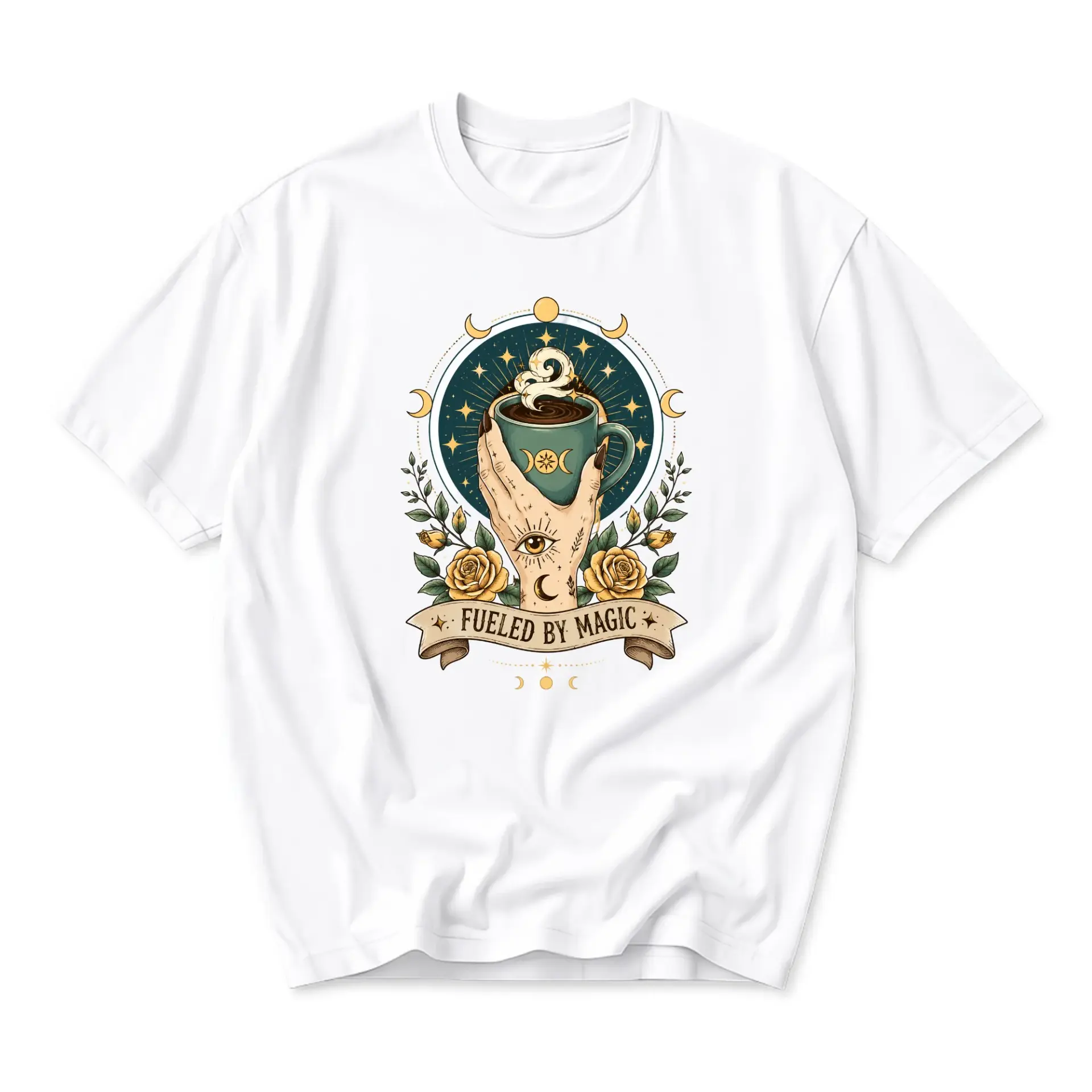 Graphic Tee Fueled by Magic Celestial Coffee Print Unisex Crew Neck Shirt for Casual Everyday Wear and Self Expression