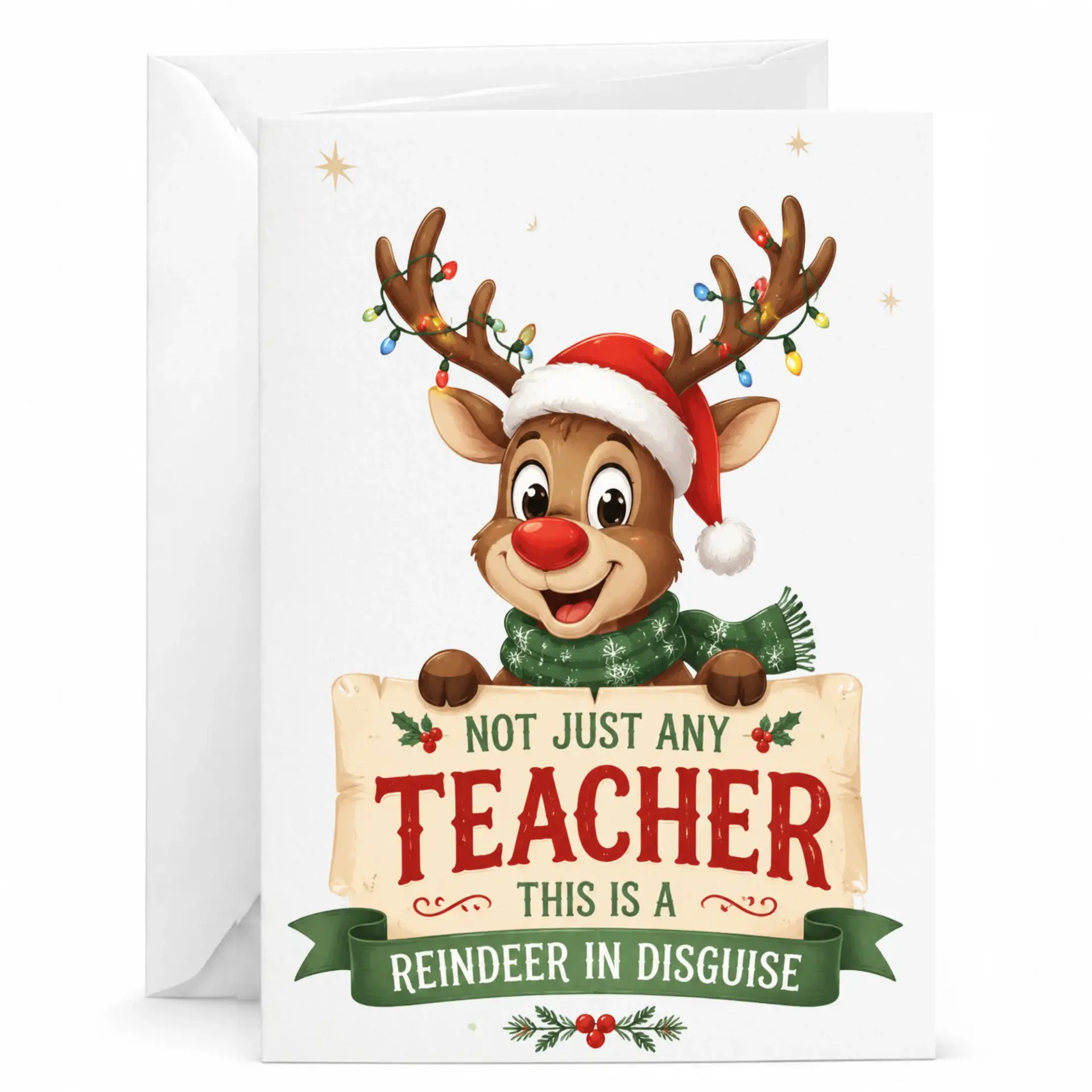 Greeting Card Holiday Reindeer Teacher Design with Envelope Premium Cardstock for Seasonal Appreciation and Greetings