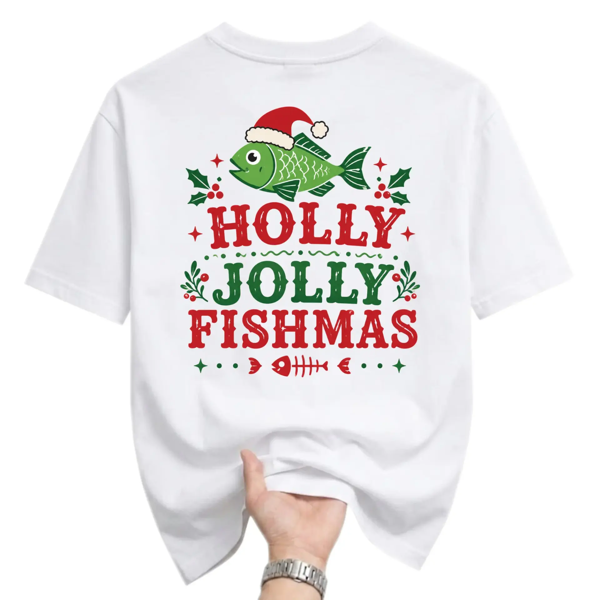 Funny Shirt Holly Jolly Fishmas Graphic Tee Unisex Crew Neck Holiday Apparel for Fishing Enthusiasts White