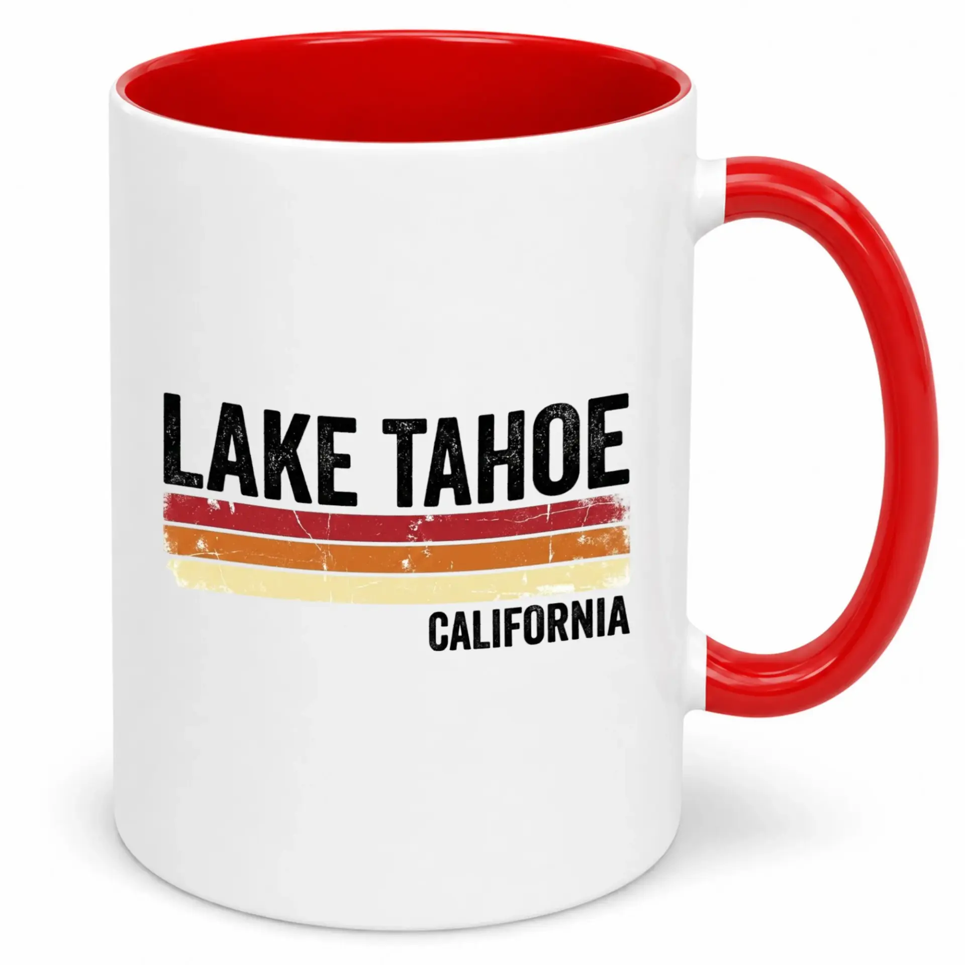 Lake Tahoe California Retro Striped Coffee Mug, White Ceramic Vacation Souvenir Tea Cup, Travel Themed Gift Idea for Enthusiasts