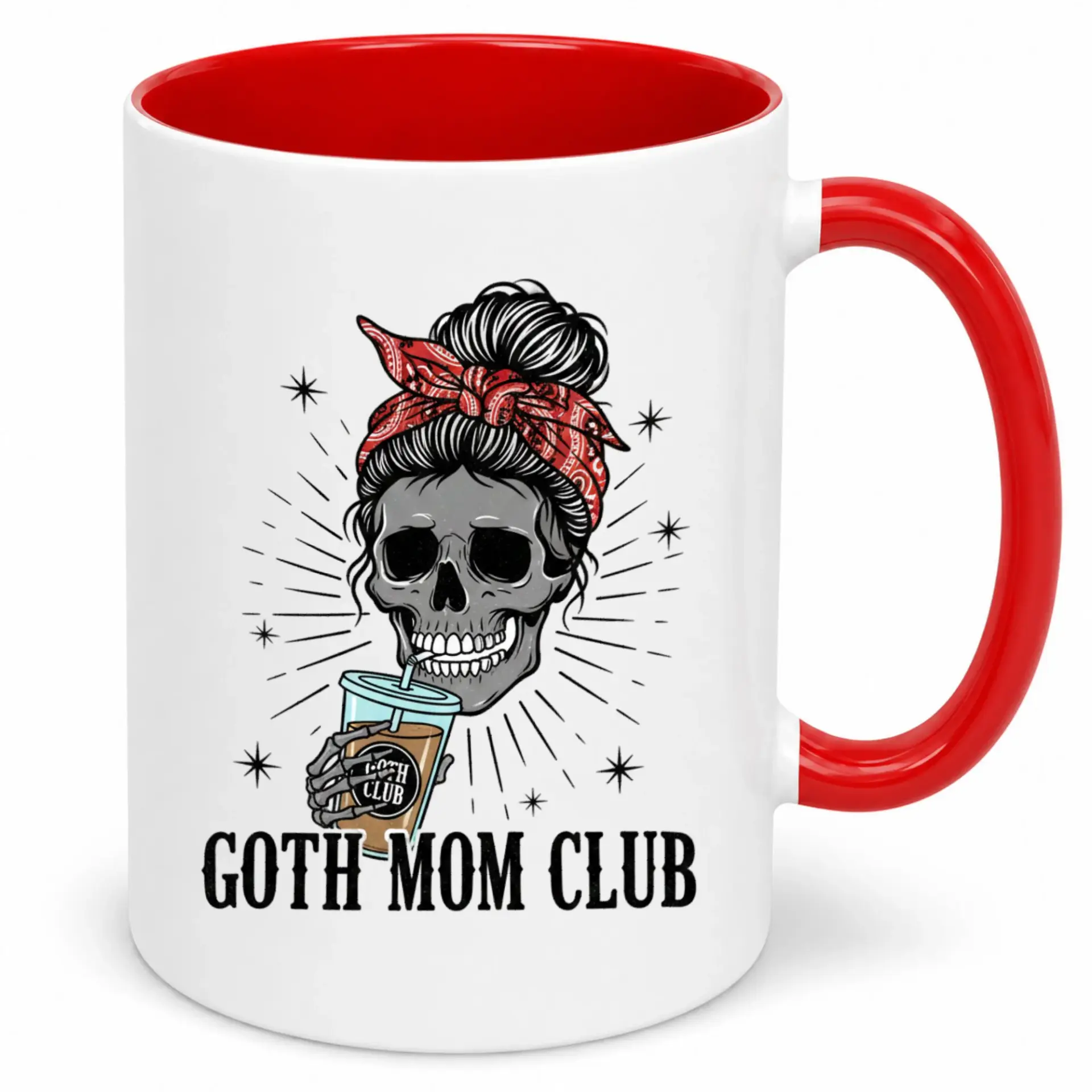 Funny Goth Mom Club Ceramic Coffee Mug Skull Messy Bun Bandana Design for Hot Beverages Unique Gift Moms