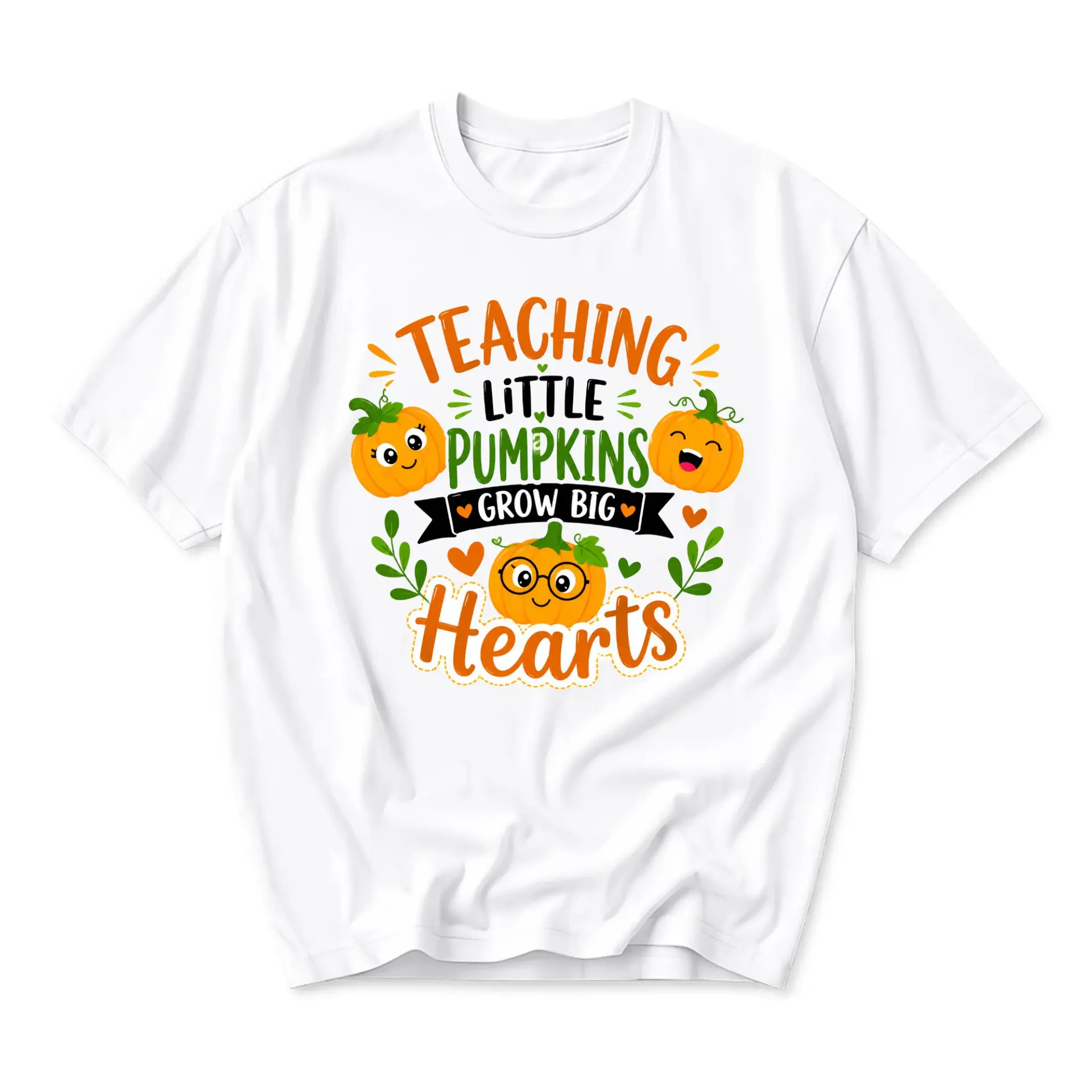Graphic Tee Teaching Little Pumpkins Grow Big Hearts Autumn Seasonal Fall Apparel Unisex Crew Neck Casual Shirt