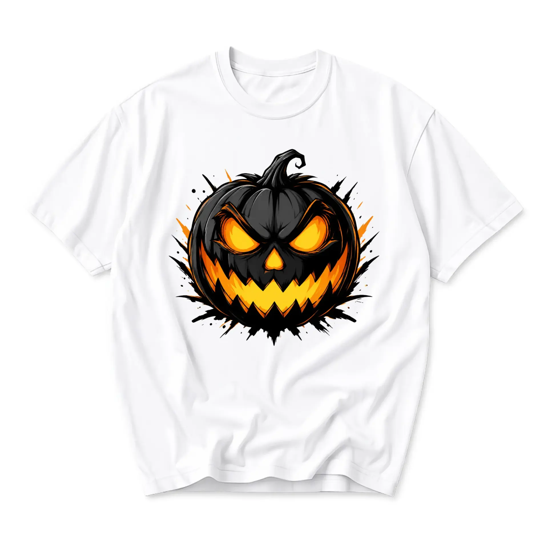 Graphic Tee Unisex Crew Neck T-Shirt Featuring Spooky Glowing Jack O Lantern Pumpkin Design for Fall Holiday Wear