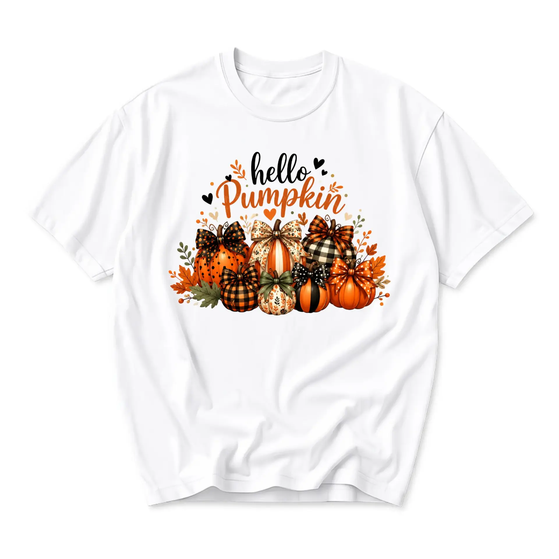 Graphic Tee Hello Pumpkin Fall Season Unisex Shirt Autumn Decorative Gourds Floral Illustration Casual Crew Neck Top