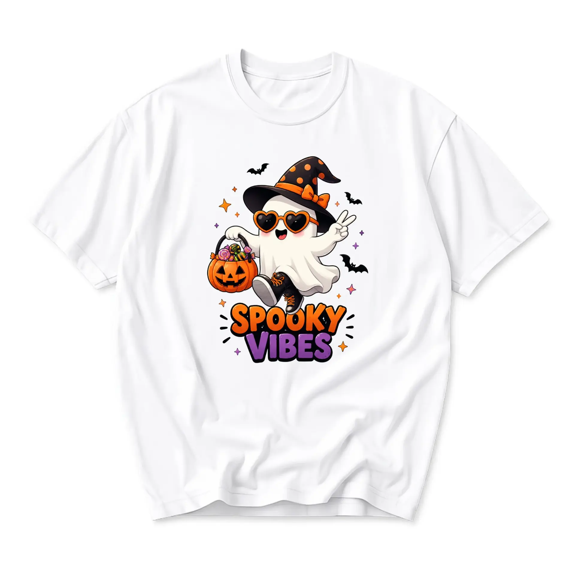 Funny Shirt Spooky Vibes Ghost Graphic Tee Seasonal Casual Cotton Unisex Crew Neck Holiday Outfit Halloween Apparel