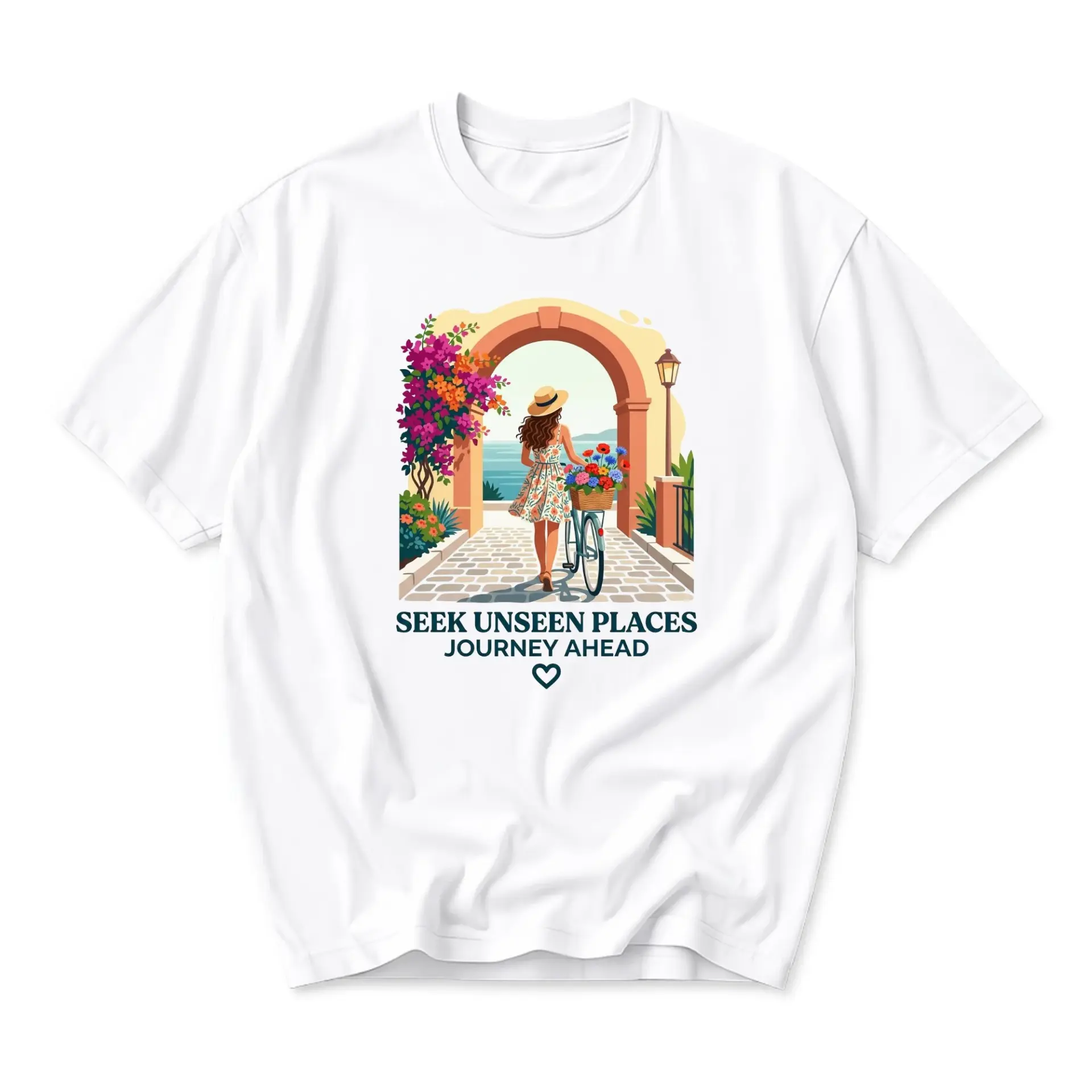 Graphic Tee Seek Unseen Places Journey Ahead Illustration Unisex Crew Neck Soft Cotton Blend Everyday Casual Top White