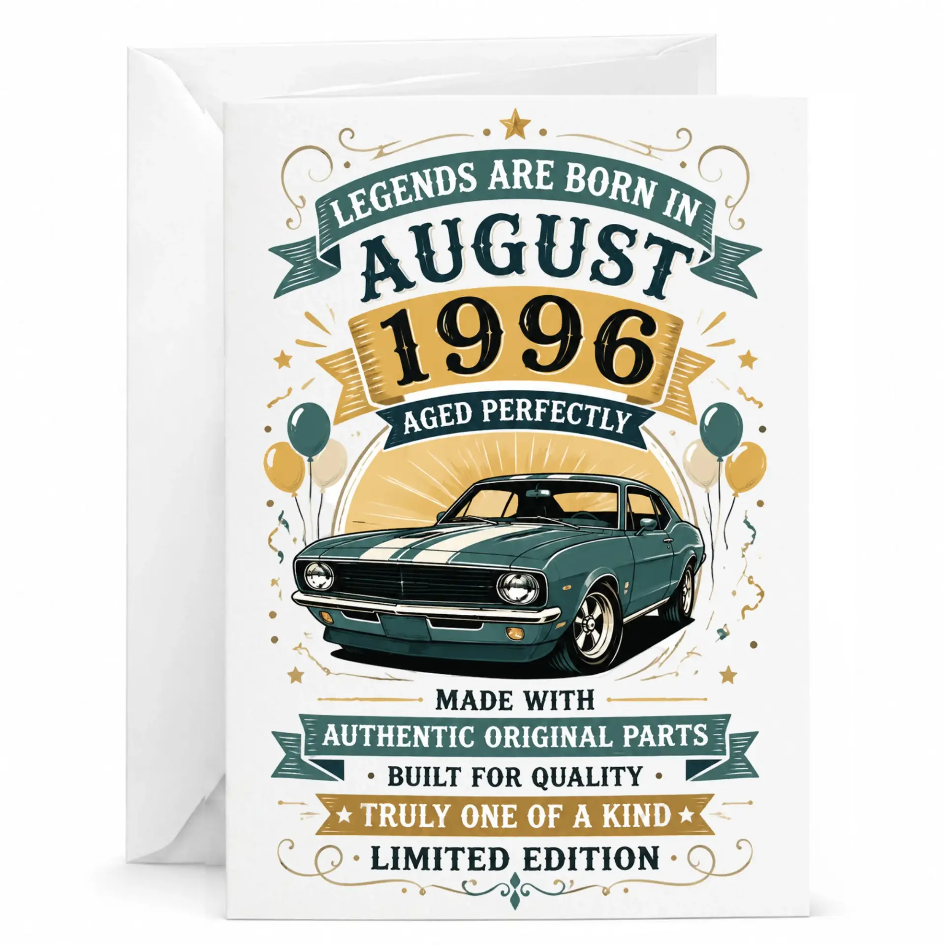 Birthday Card for August 1996 Born Legends Vintage Car Graphic Premium Greeting Card with Matching White Envelope