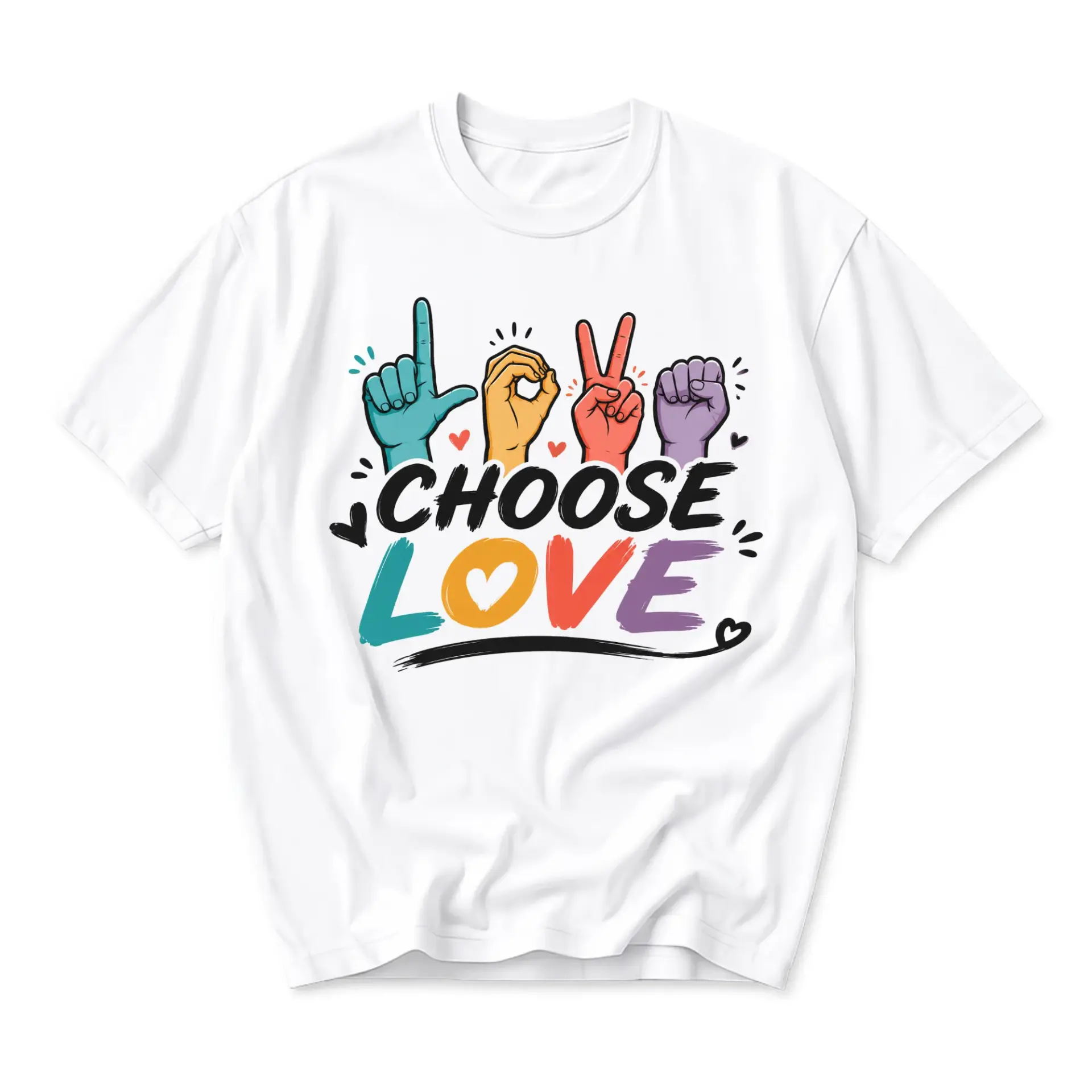 Graphic Tee Choose Love Hand Signs Unisex Cotton Crew Neck Short Sleeve Shirt for Casual Everyday Fashion Wear
