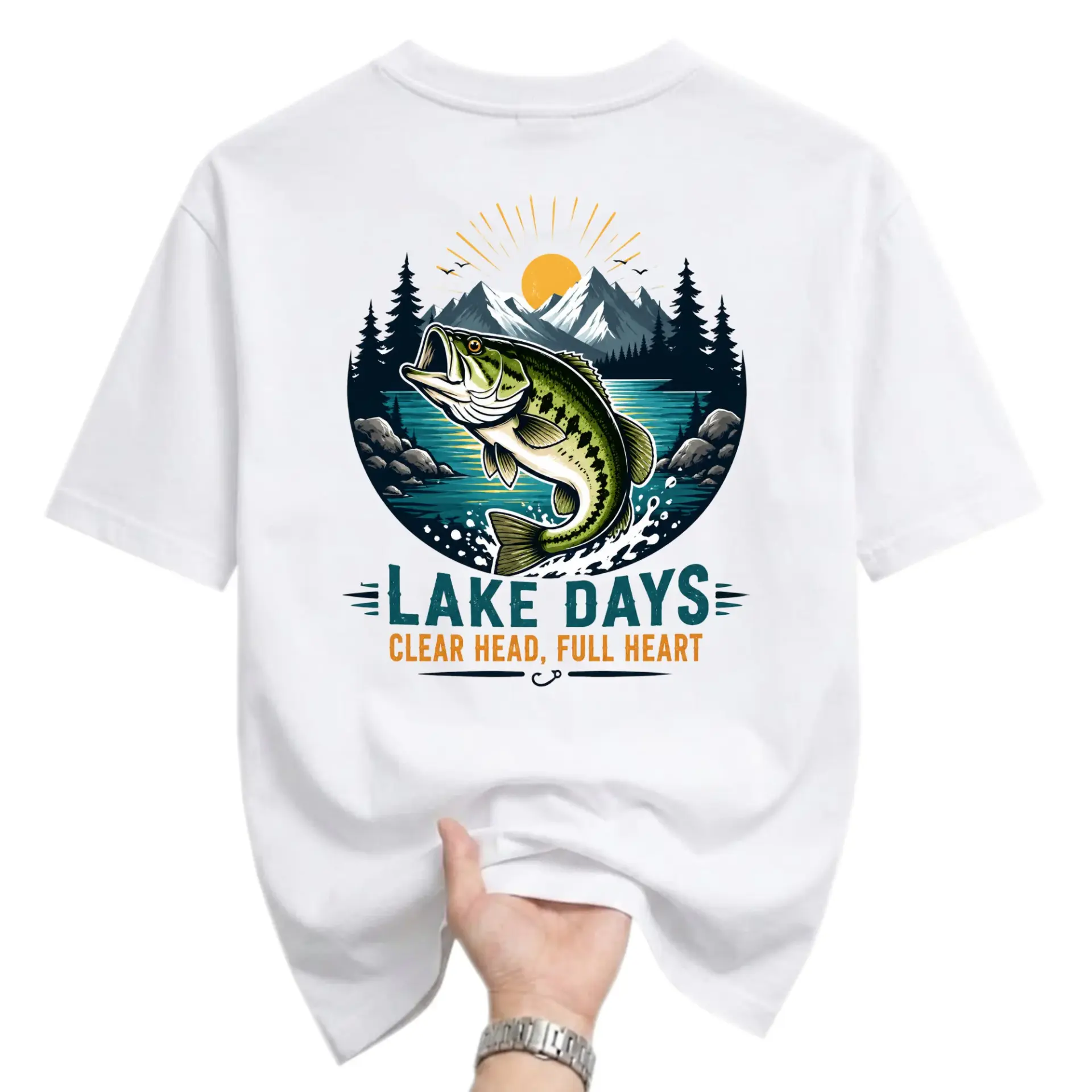 Graphic Tee Lake Days Fishing Apparel Unisex Shirt Featuring Mountain and Fish Design Casual Outdoors Top