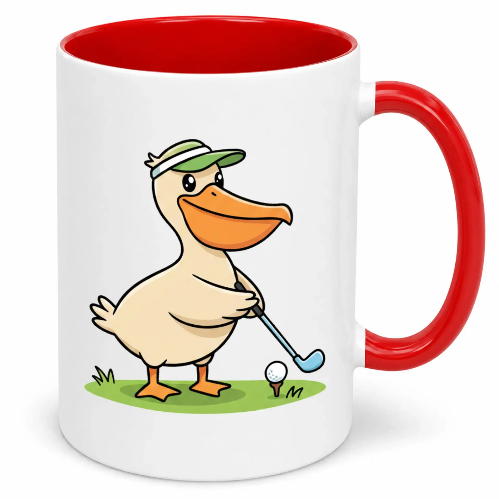 Funny Golfing Bird Ceramic Coffee Mug with Red Handle and Interior Accent, Novelty Animal Golfer Sports Drinkware Cup Gift