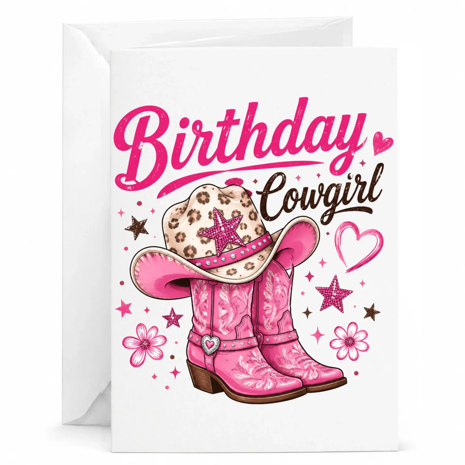 Birthday Card Style Greeting with Envelope for Her Pink Leopard Print Hat and Boots Design