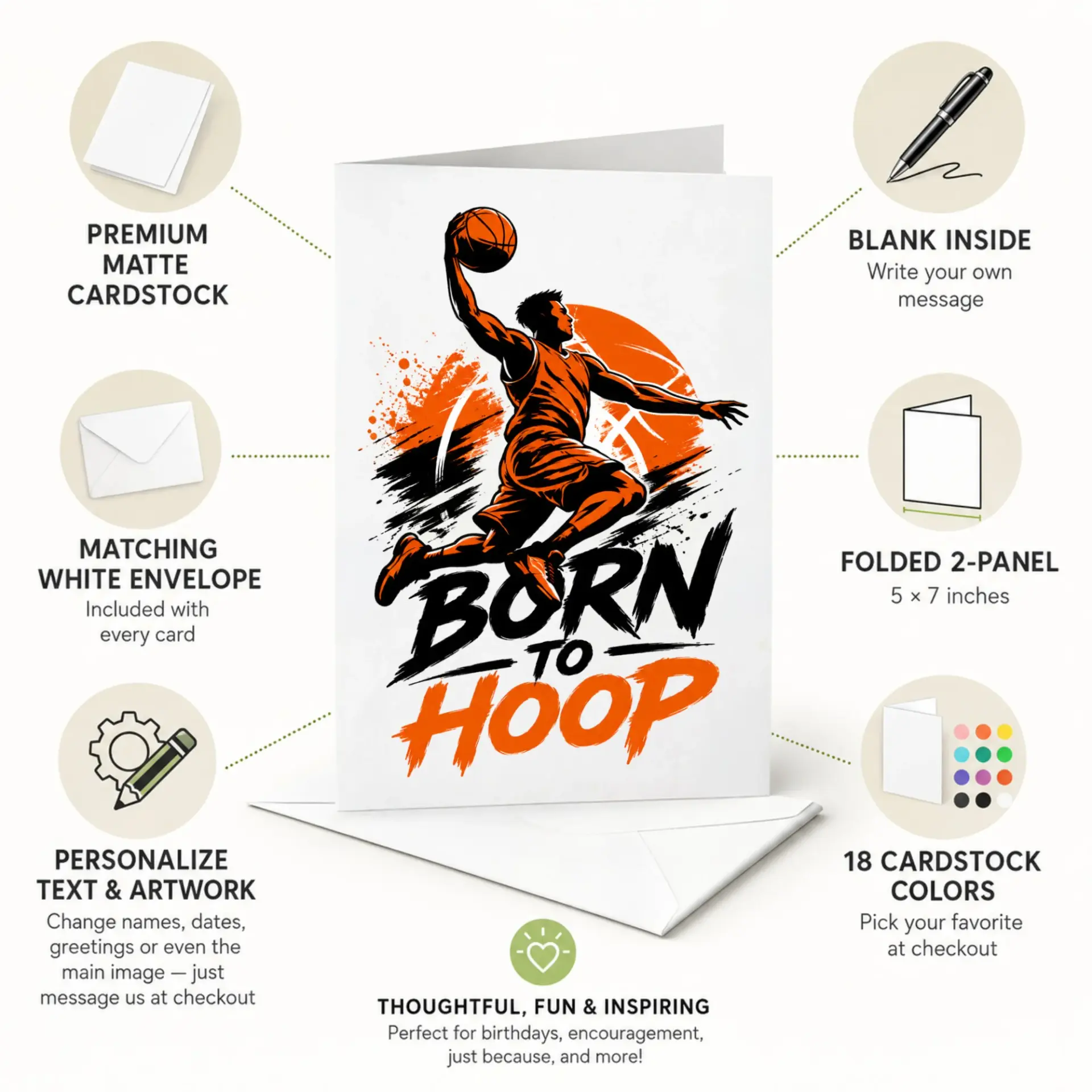 Born to Hoop Basketball Greeting Card, Athletic Sports Theme Stationery for Basketball Enthusiasts and Fans