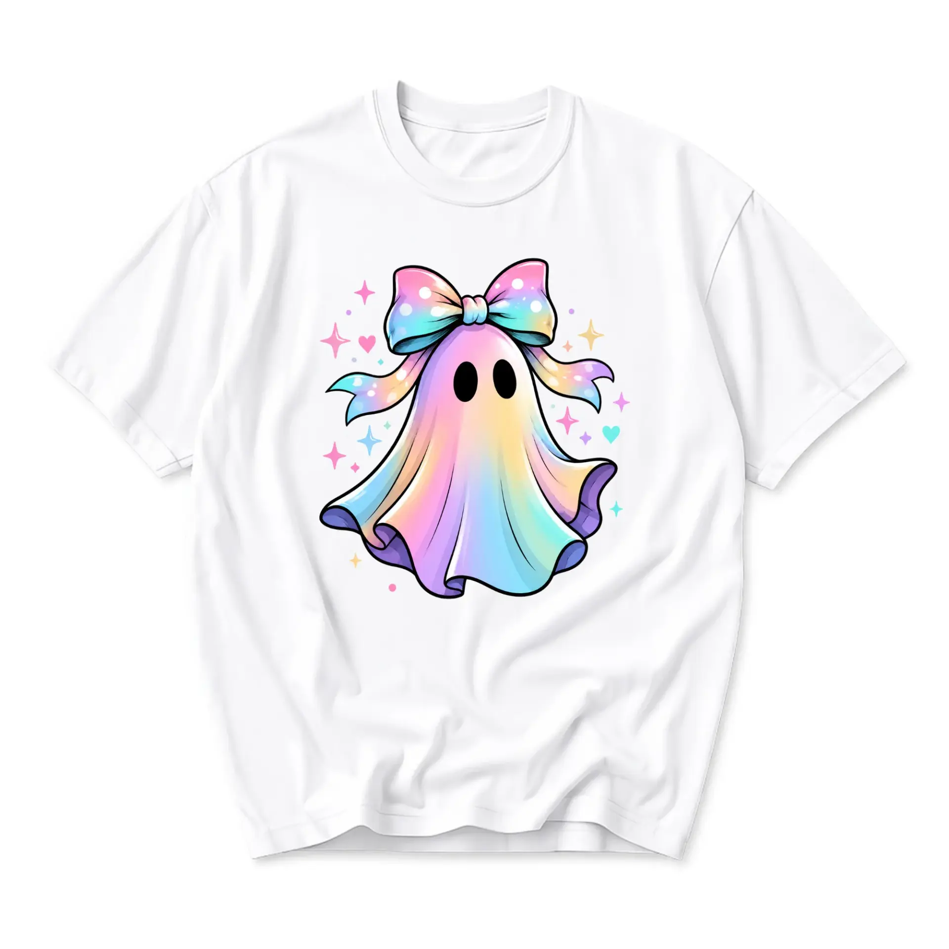 Graphic Tee Unisex Casual Shirt Featuring a Cute Pastel Rainbow Ghost Illustration with a Decorative Bow Graphic