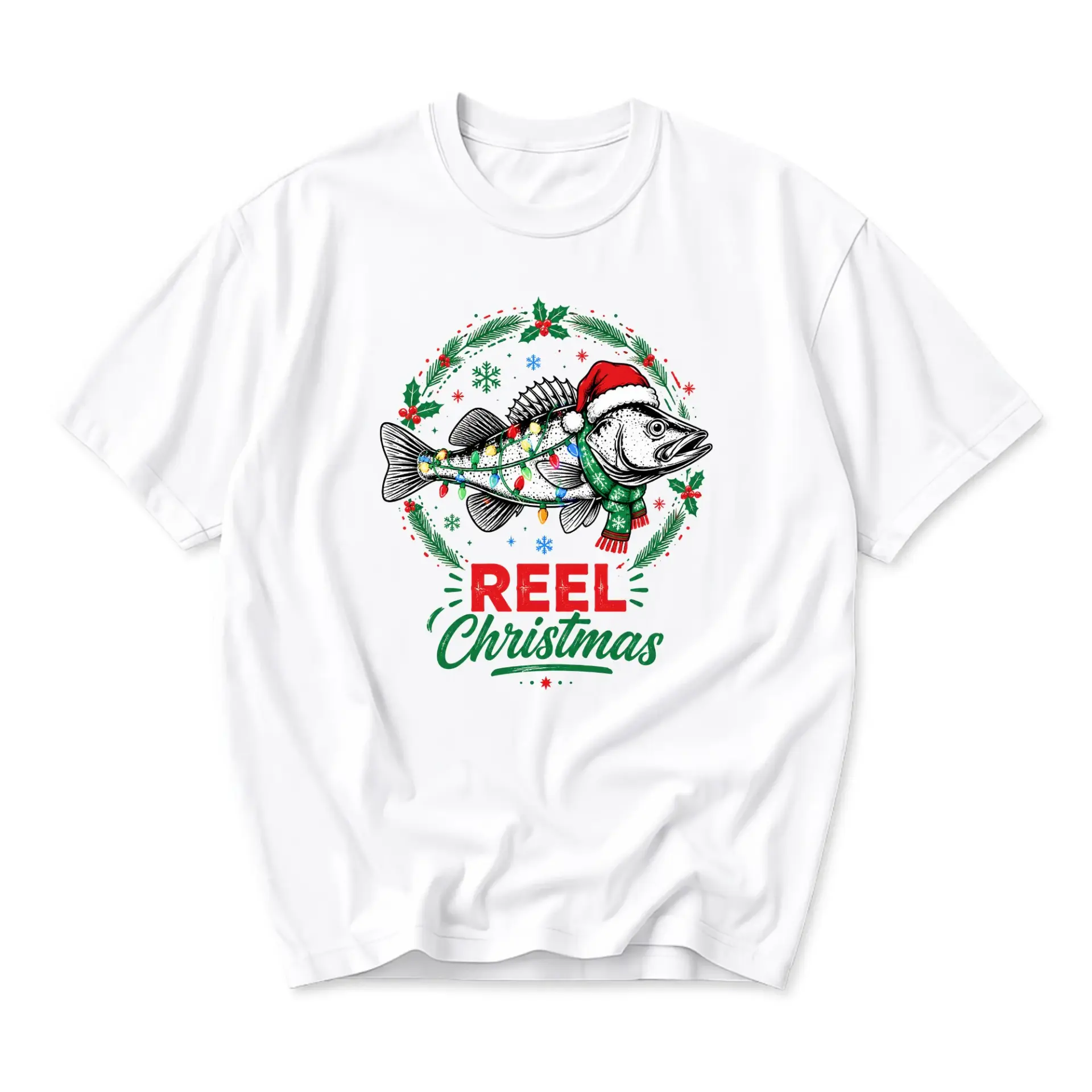 Graphic Tee Reel Christmas Fish Holiday Unisex Shirt Short Sleeve Casual Crew Neck Funny Fishing Lover Apparel White