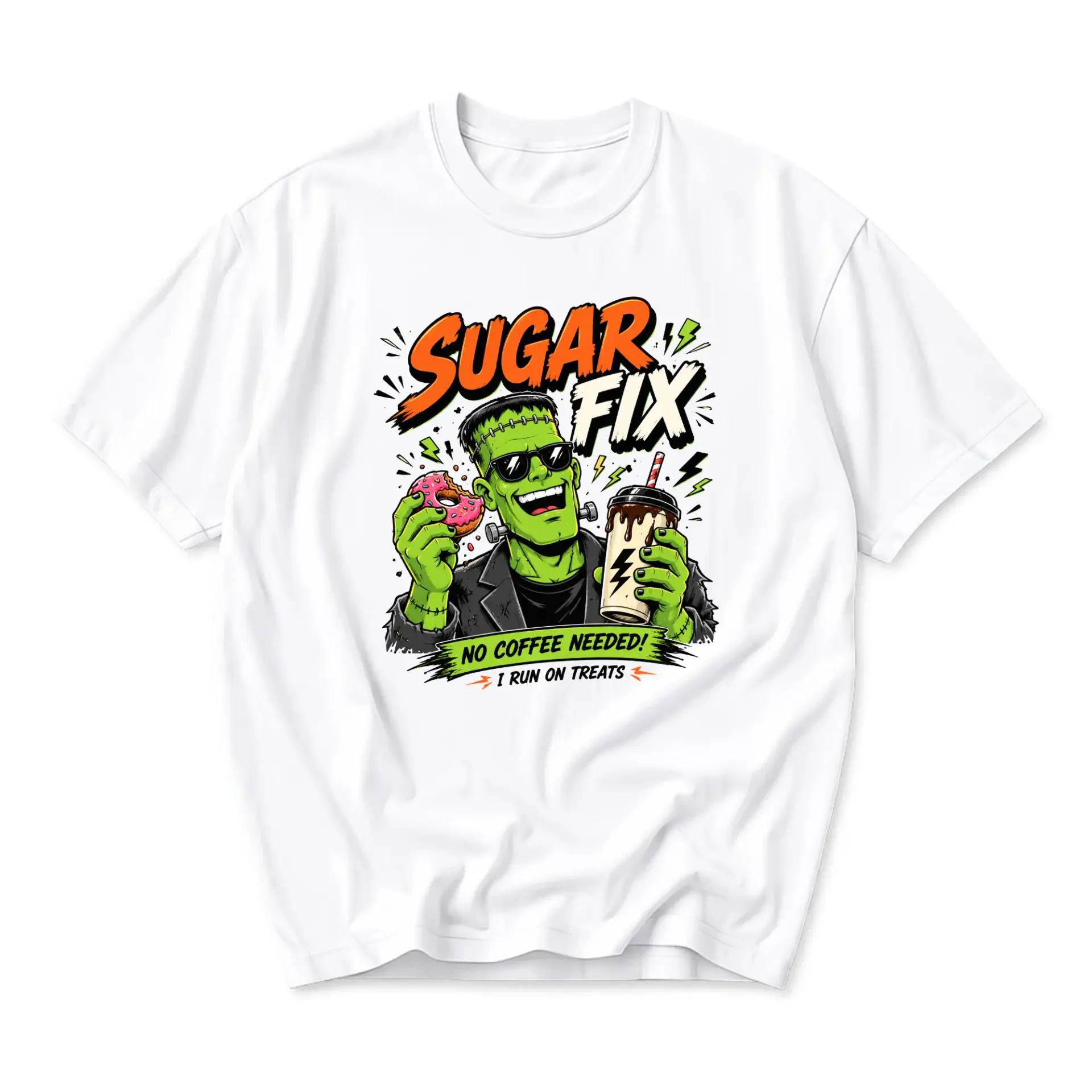 Funny Shirt Sugar Fix Green Monster Eating Donut Graphic Tee Unisex Cotton Blend Casual Crew Neck Top for Adults