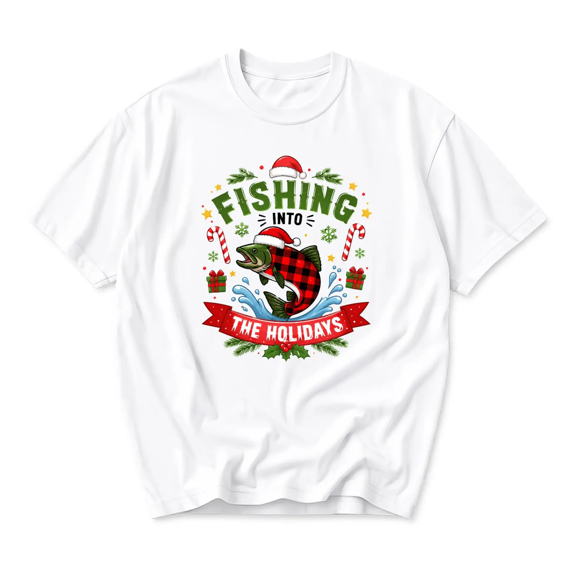 Funny Shirt Fishing into the Holidays Graphic Tee Unisex Casual Apparel