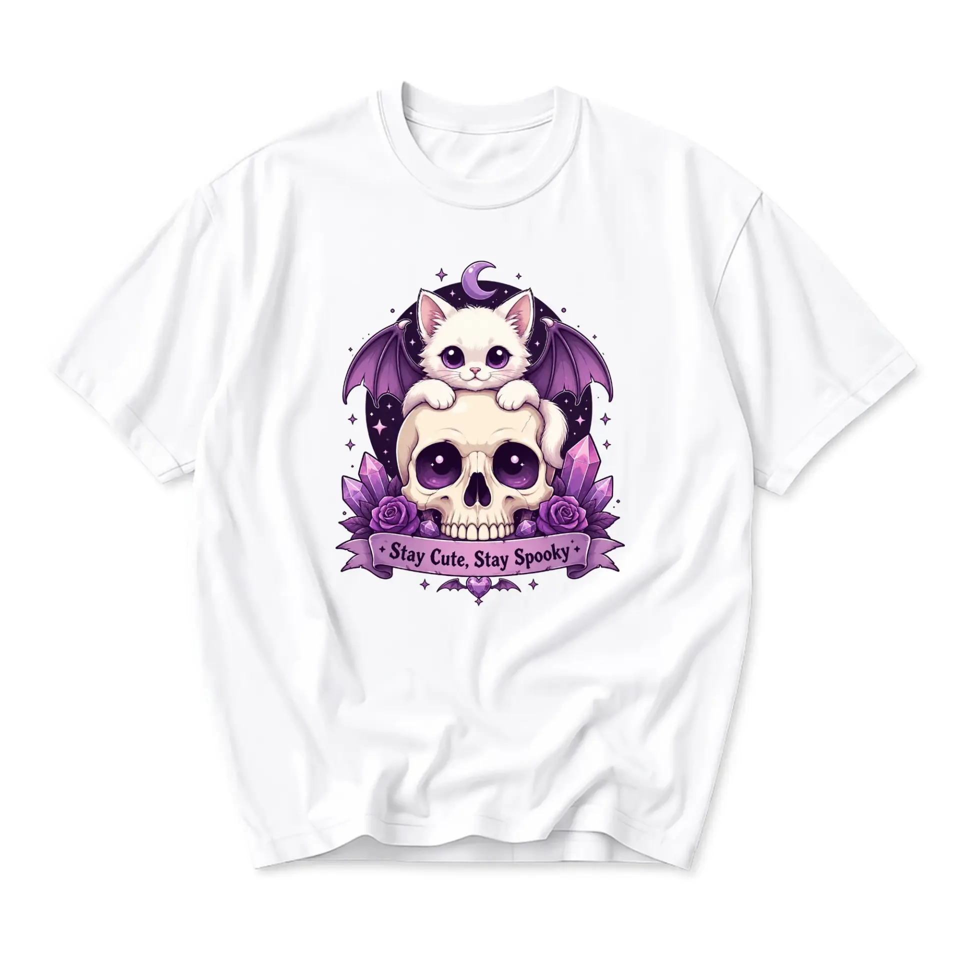 Graphic Tee Stay Cute Stay Spooky Cat Skull Design Unisex Casual Crew Neck Soft Cotton Blend Everyday Short Sleeve Shirt