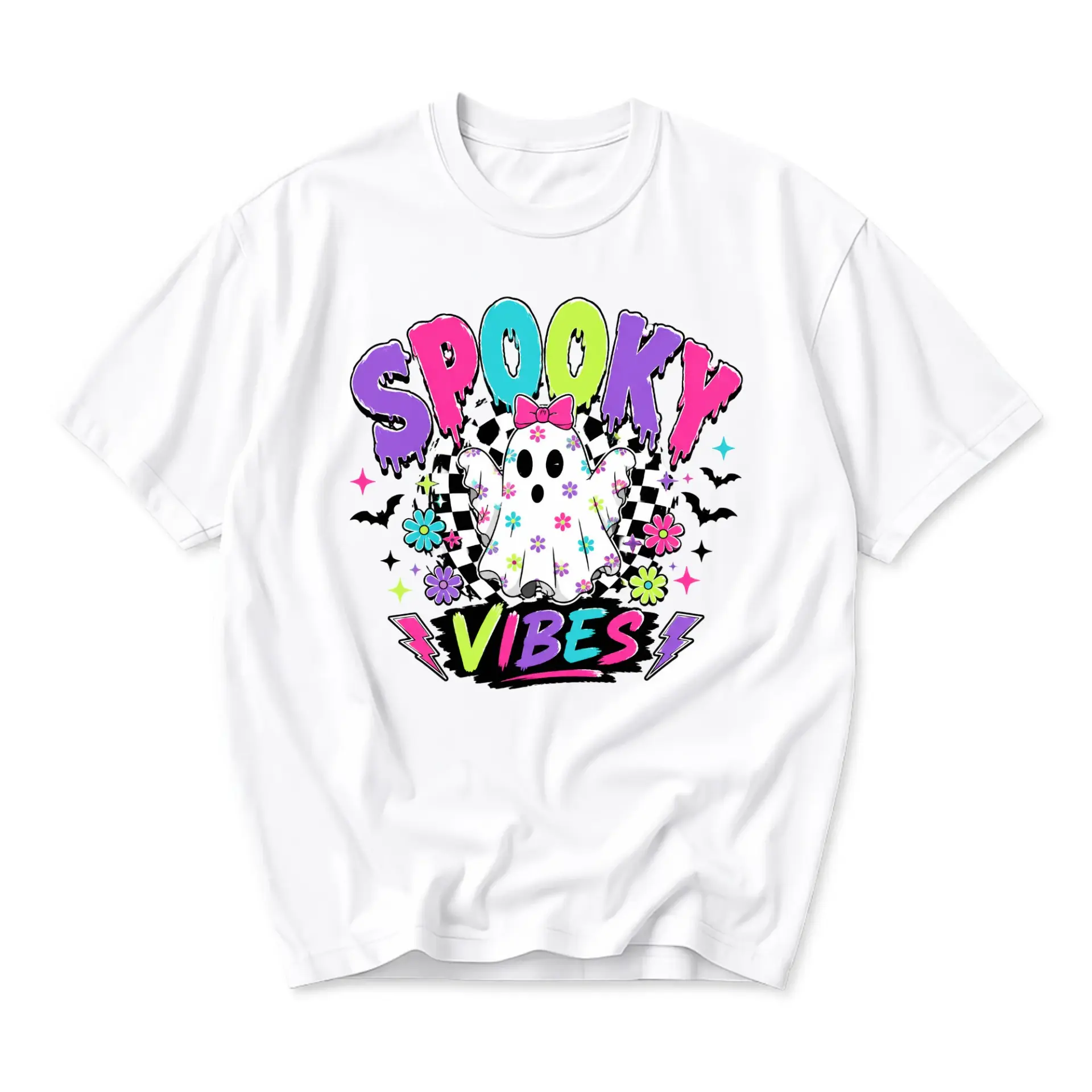T-shirt Spooky Vibes Graphic Tee Retro Floral Ghost Print Casual Short Sleeve Unisex Cotton Crew Neck Apparel Top