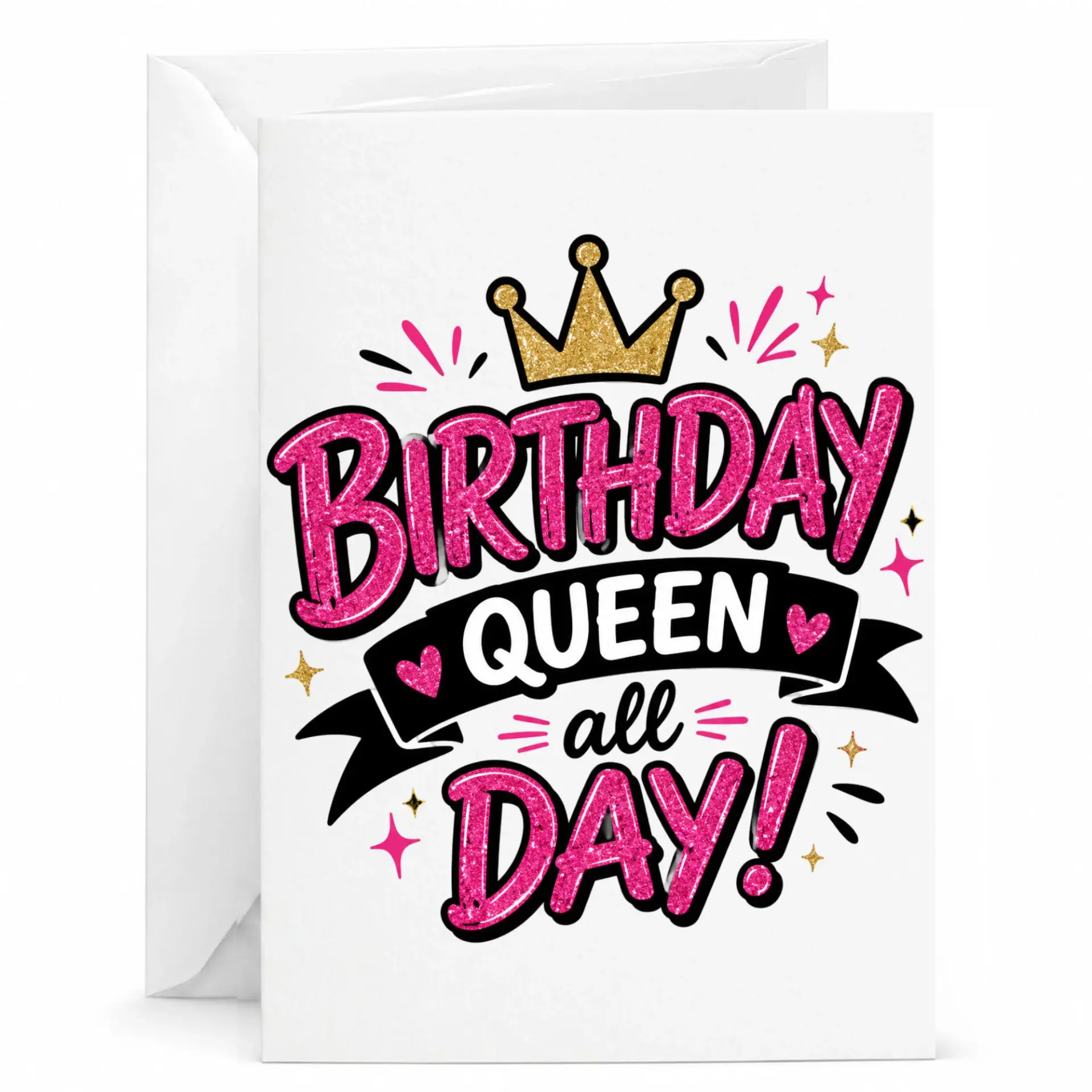 Birthday Queen Greeting Card for Her, Fun Celebration Note Card with Glittery Pink Typography and Gold Crown Design