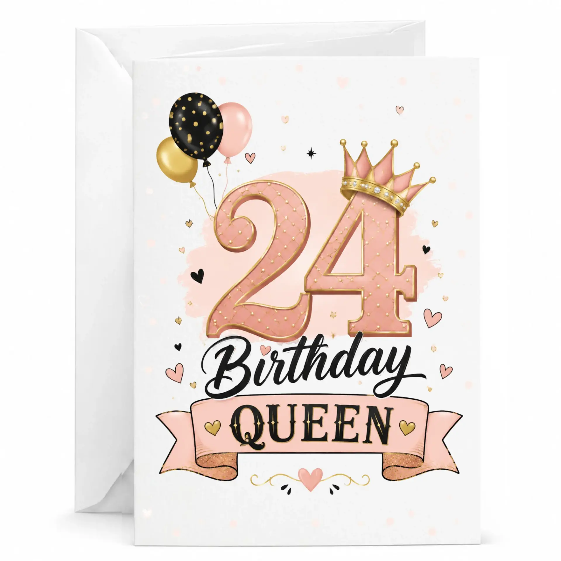 Birthday Card 24th Birthday Queen Elegant Rose Gold Theme Greeting Card for Her with Matching White Envelope 5x7 Inches