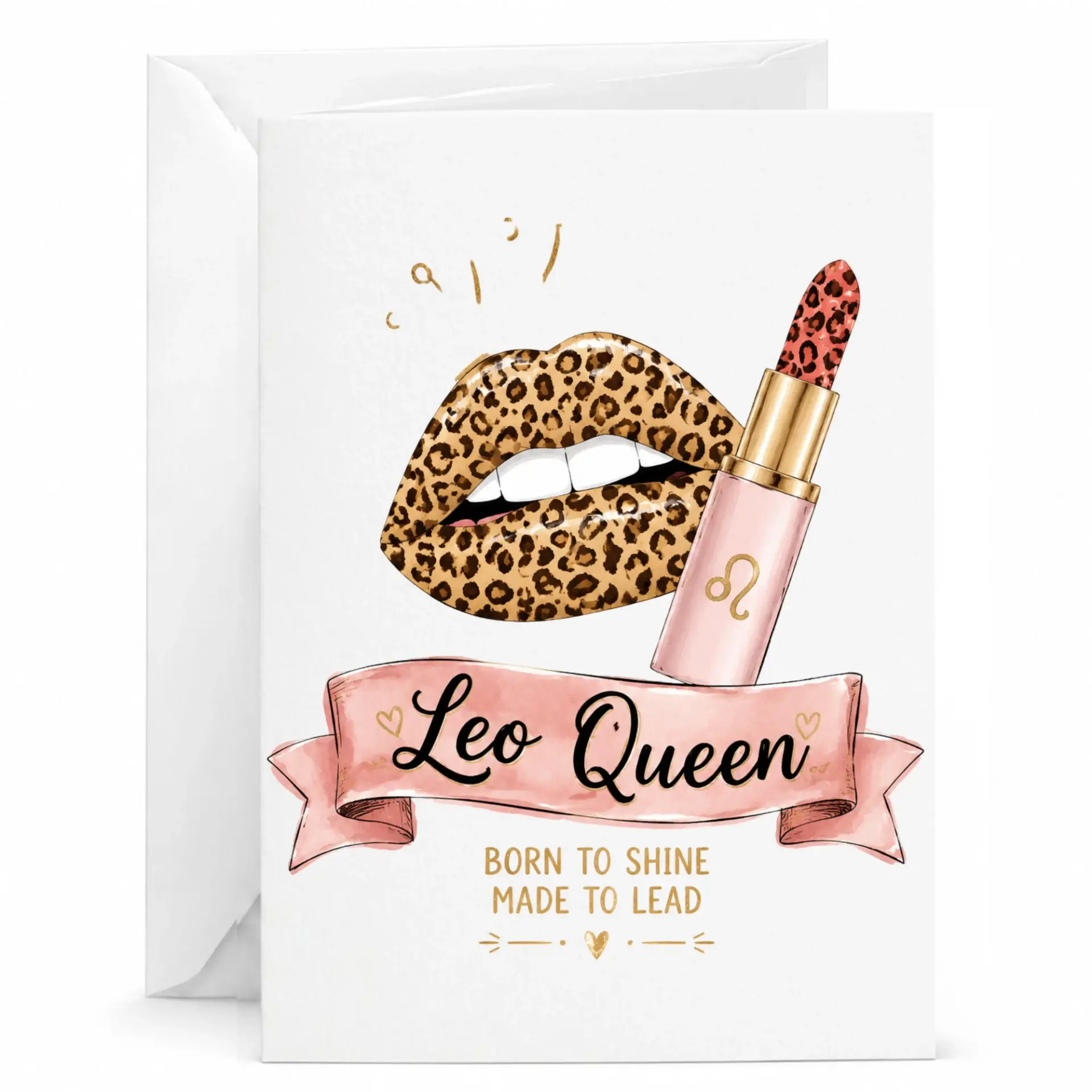 Greeting Card Leo Queen Astrology Themed Stationery Featuring Leopard Print Lips and Lipstick Design 5x7 Inches