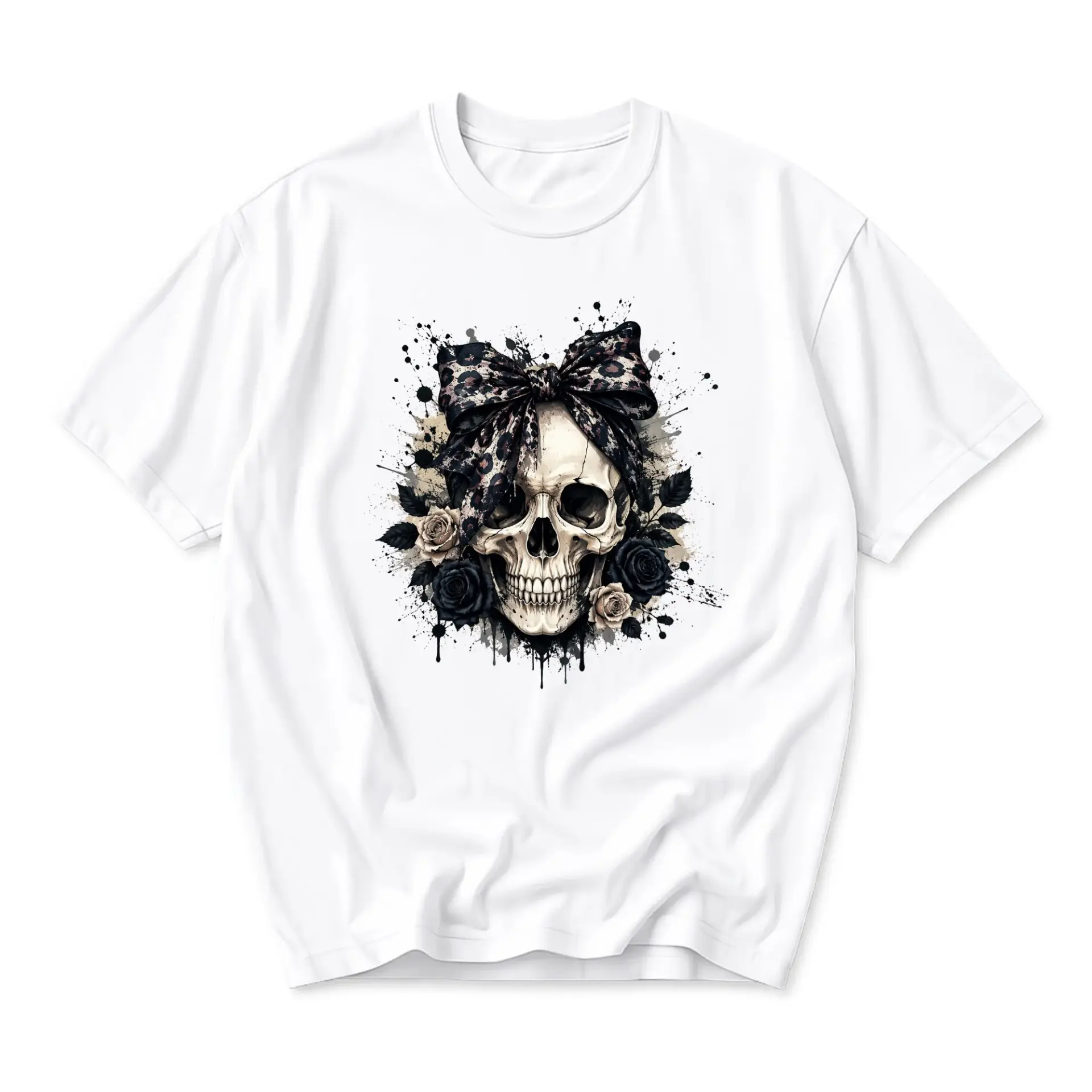 Graphic Tee Unisex Skull with Leopard Print Bow and Floral Accents Casual Everyday Short Sleeve Crew Neck Shirt