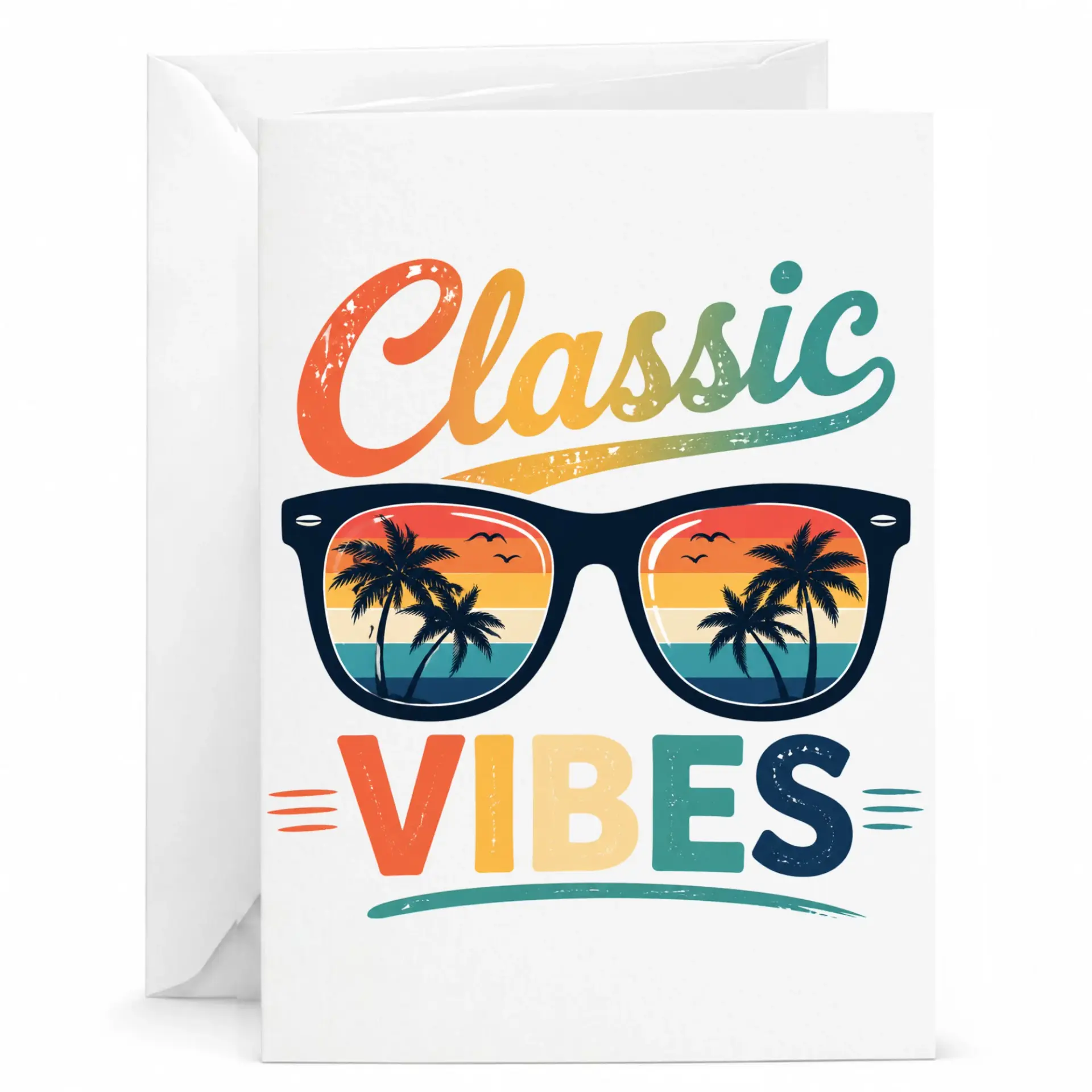 Classic Vibes Greeting Card with Matching Envelope, Retro Tropical Sunglasses Graphic for Birthday and Celebration