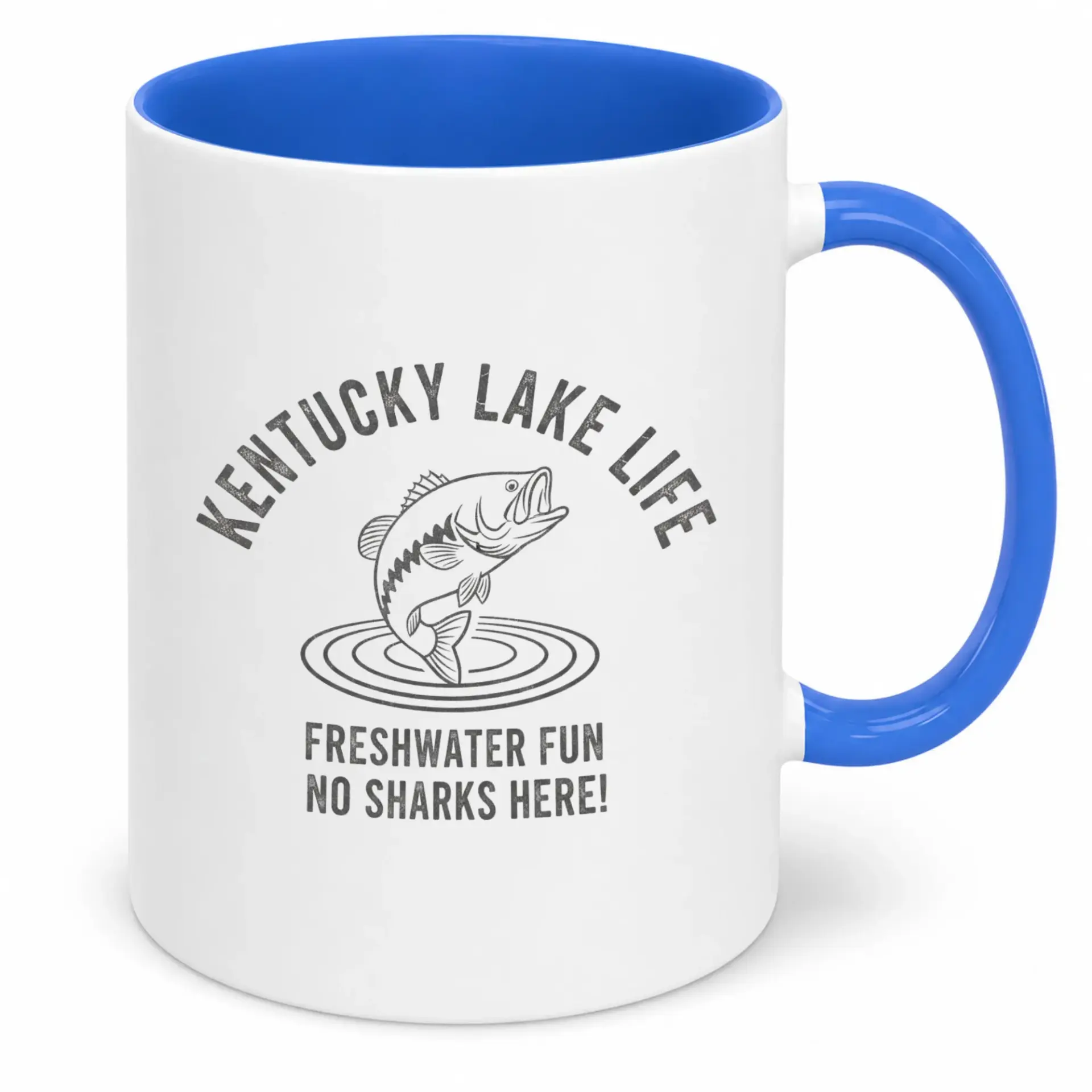 Coffee Mug Kentucky Lake Life Freshwater Fun No Sharks Here! Fishing Enthusiast Angler Drinkware Gift White Ceramic