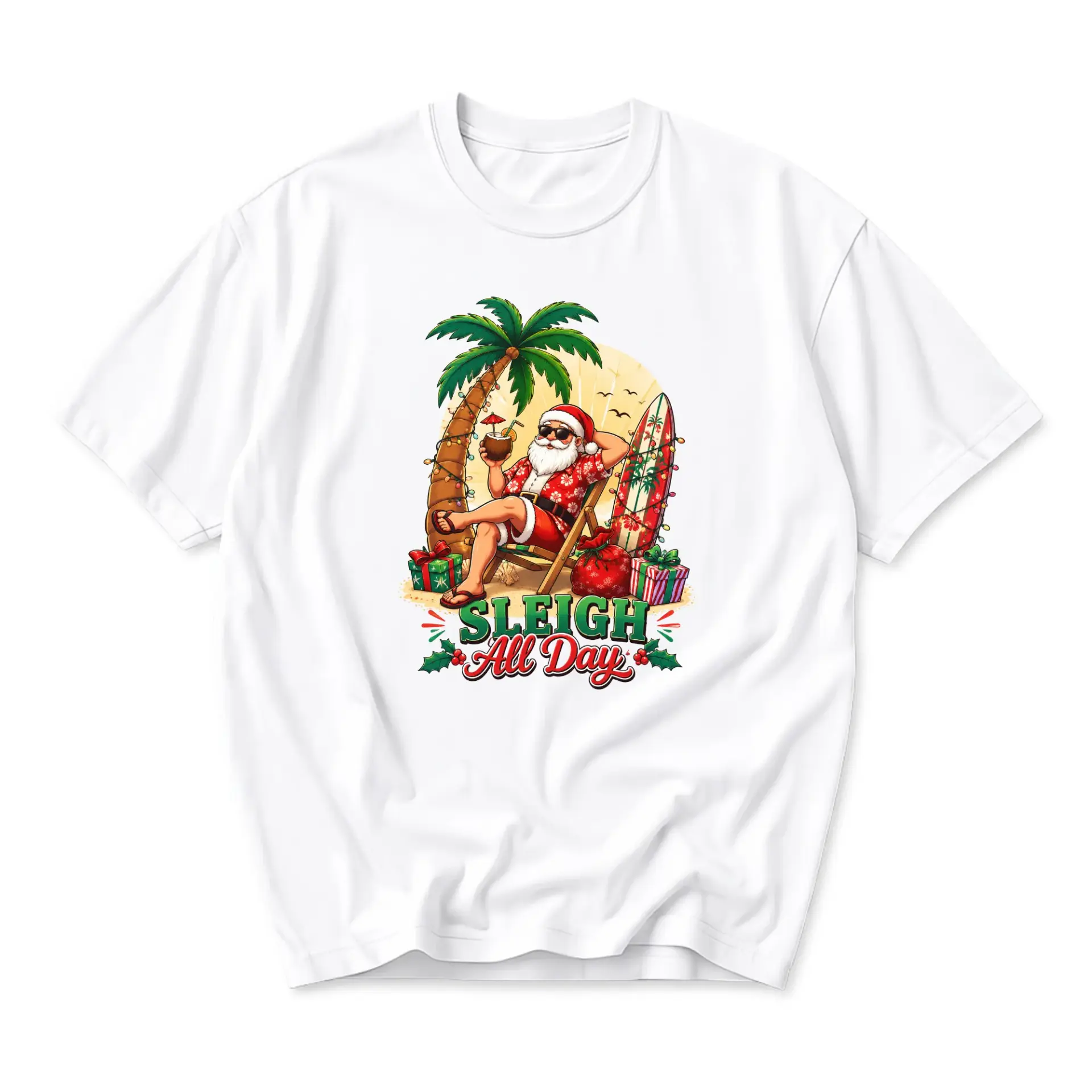 Funny Shirt Sleigh All Day Graphic Tee Tropical Santa Claus Relaxing on