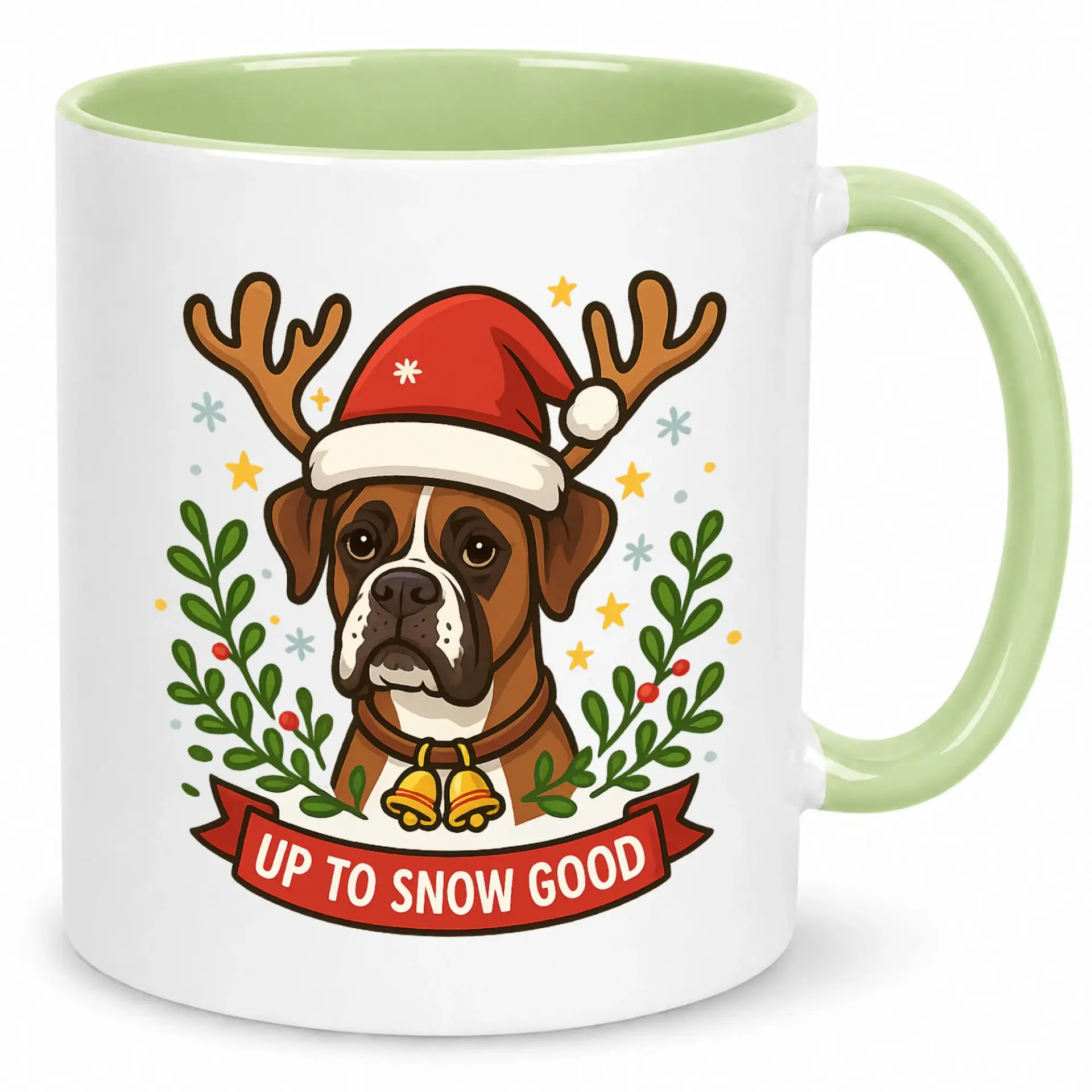 Funny Boxer Dog Christmas Coffee Mug, Festive Holiday Ceramic Cup with 'up to Snow Good' Pun Design, Unique Gift for Dog Lovers